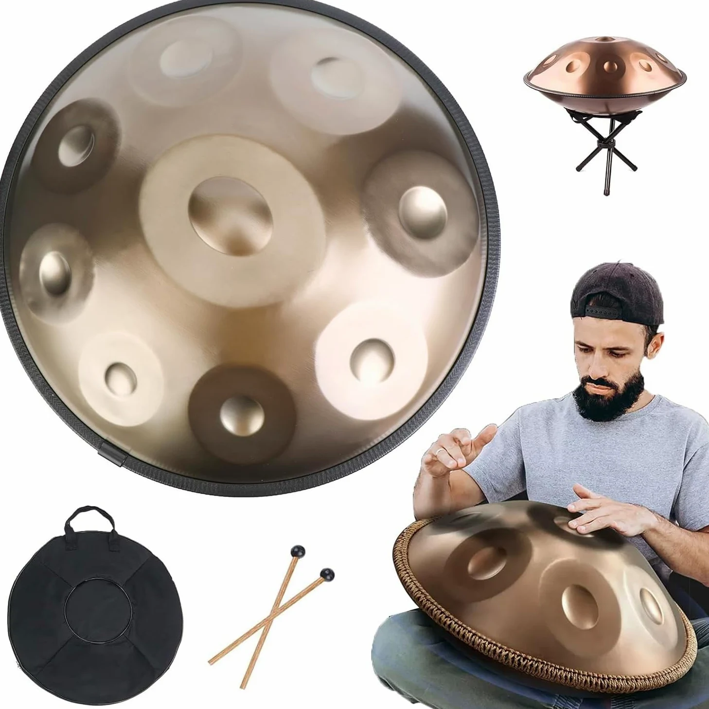 Tamburo manuale a 9 note, in re minore da 440 Hz, in acciaio, con borsa per il trasporto, supporto e mazzuole, per la guarigione del suono, la meditazione, lo yoga