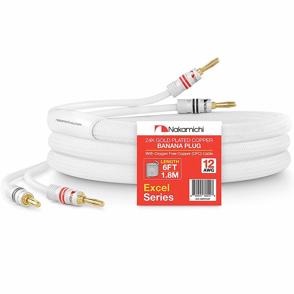 Nakamichi Excel Series Connettore Banana Placcato Oro 24k con Cavo degli Altoparlanti in Rame Senza Ossigeno al 99.9% (OFC) Intrecciato Robusto per Amplificatore Hi-Fi - Bianco (12AWG / 6ft / 1.8m)