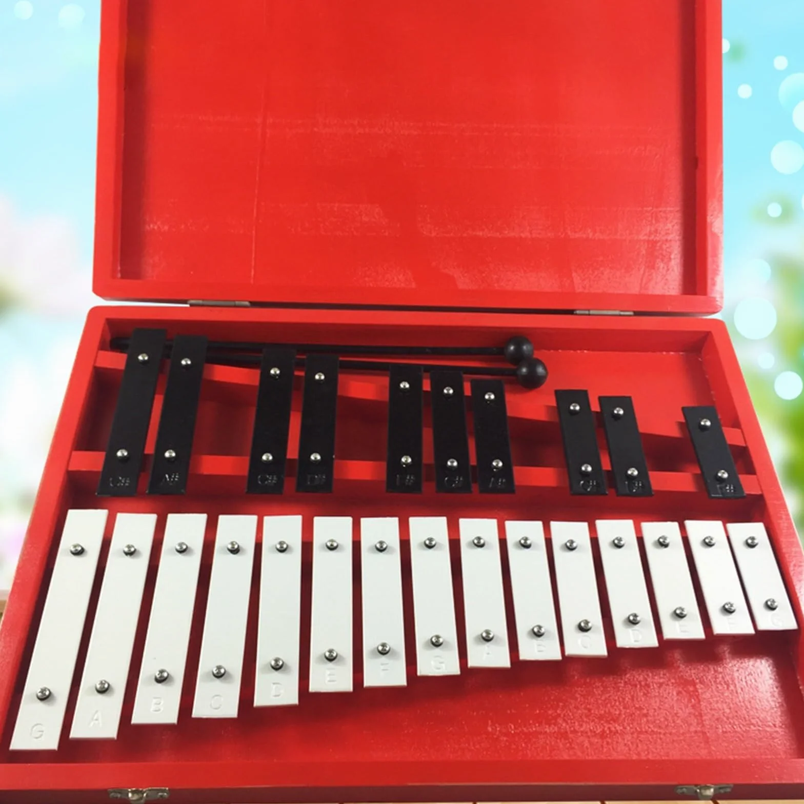 Strumento a percussione xilofono glockenspiel con piastra in alluminio a 25 toni in scatola di legno rossa Glockenspiel Strumento A Percussione