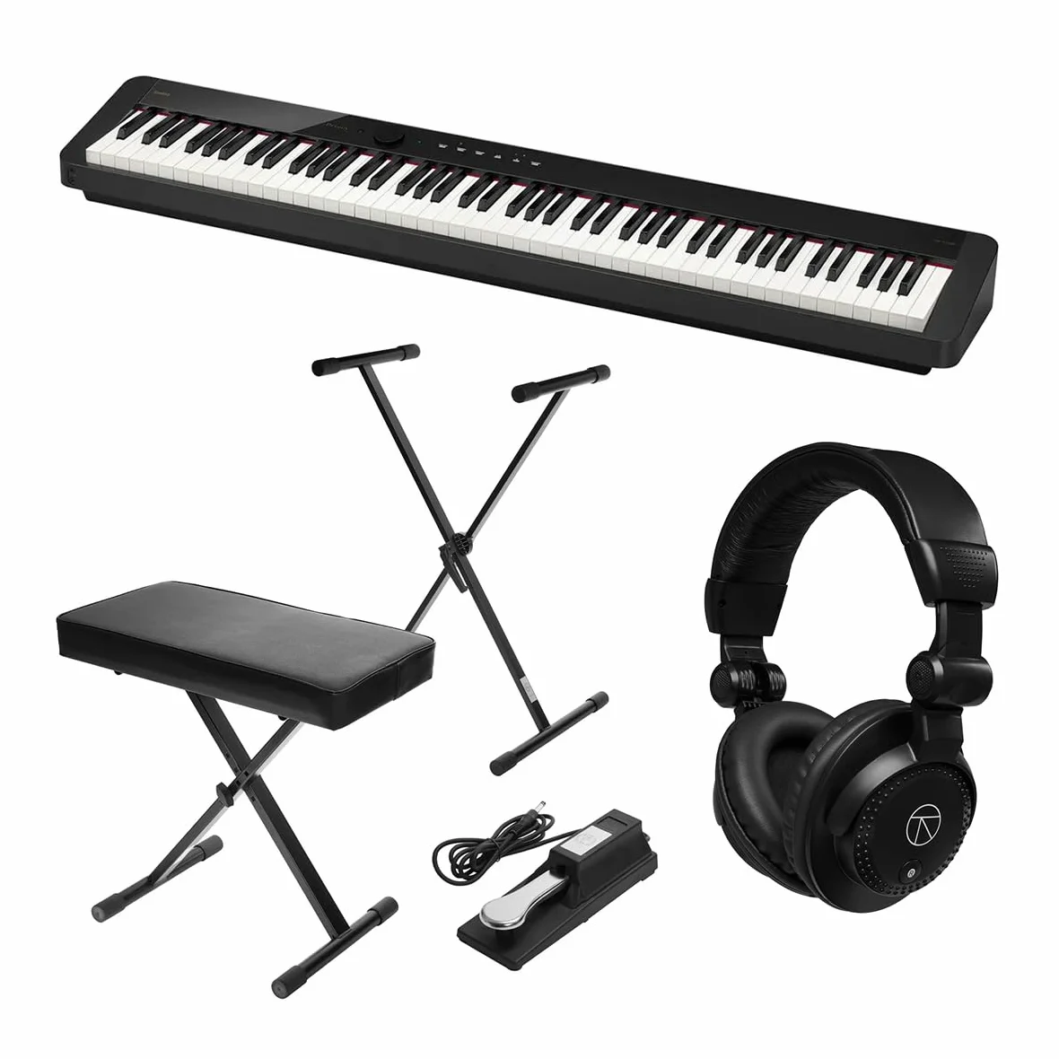 Casio PX-S1100 Privia Piano Digitale Portatile 88 Tasti con Adattatore Bluetooth, Pacchetto Nero con Auricolare da Studio, Supporto per Tastiera, Panchina, Pedale di Sostegno