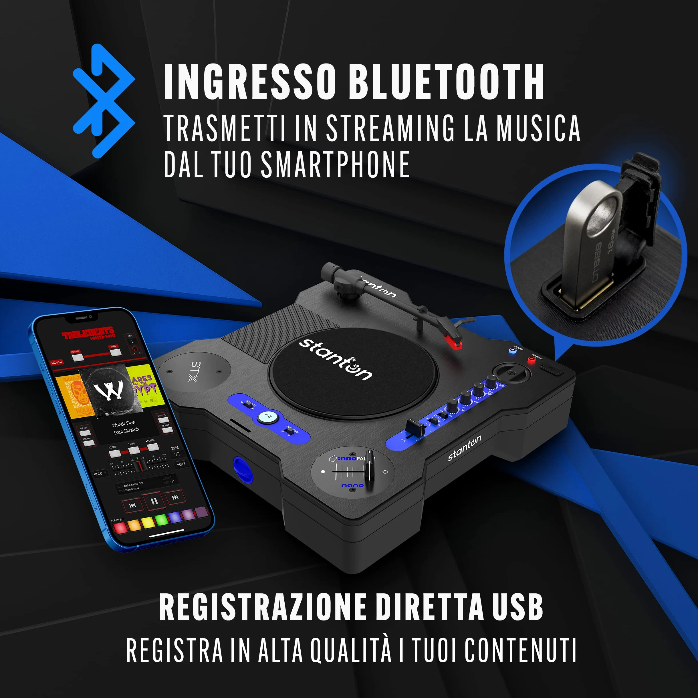 Stanton STX - Giradischi scratch per DJ con Innofader Nano crossfader, Bluetooth, cursore Pitch, registrazione USB, cassa, 2 batterie ricaricabili