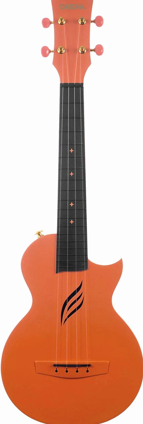 CASCHA Set per ukulele da concerto in fibra di carbonio, set con 3 plettri, custodia, tracolla, set per ukulele, set di corde in fluorocarbonio, piccola chitarra hawaiana per principianti, arancione