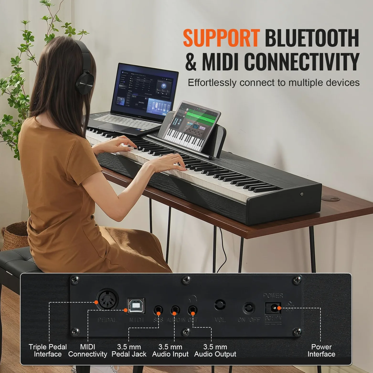 VEVOR Pianoforte Digitale con 88 Tasti Completamente Pesati, Set Tastiera Elettrica Portatile con Doppia Tastiera, Pianoforte Elettrico Altoparlanti, Pedale Sustain, Cuffie, Bluetooth USB MIDI