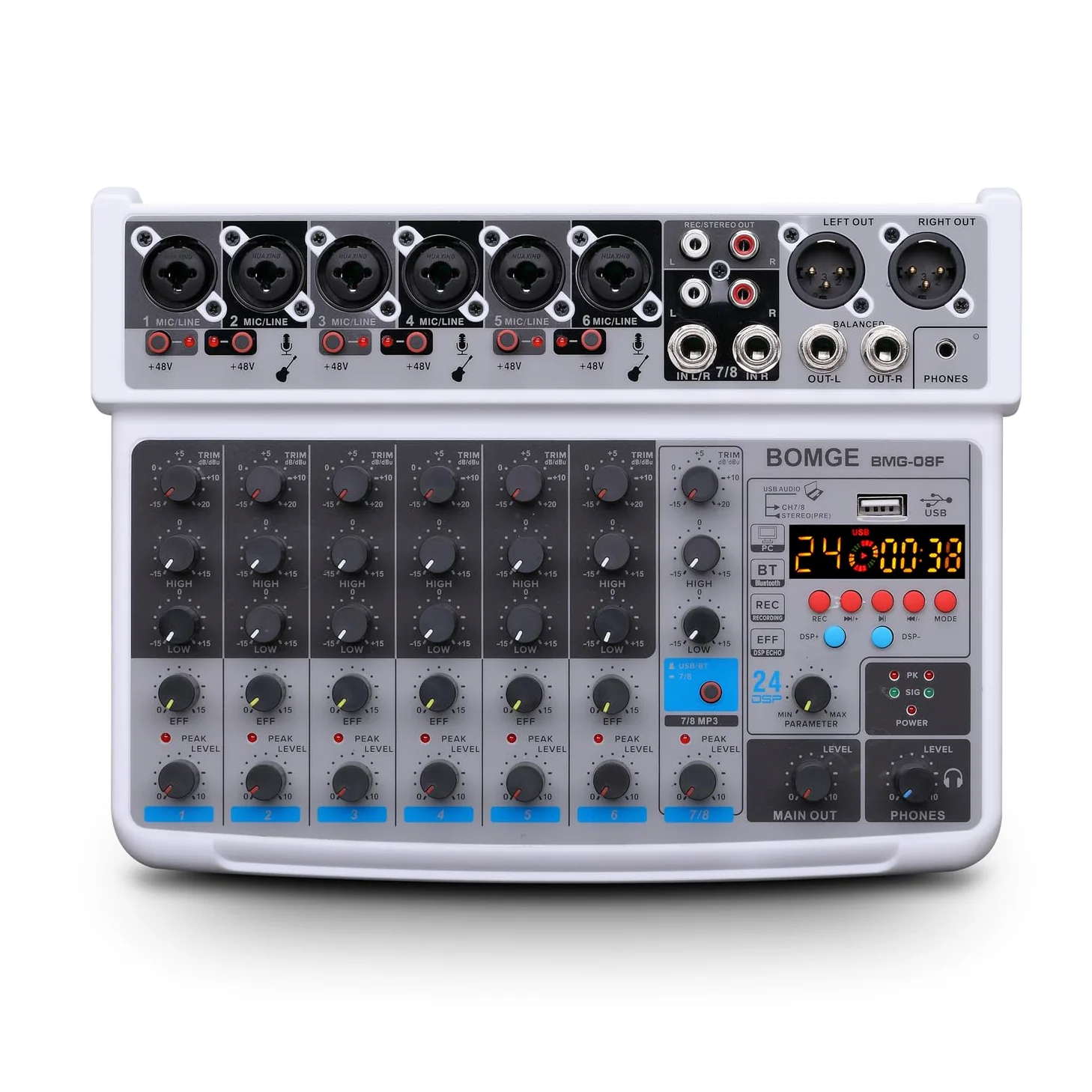 BOMGE 8 channel mini audio mixer Line Mixer ，DC 5V，with MP3 Player,Bluetooth, U disk 48V,24DSP effects, USB recording Ideal for Small Clubs or Bars, Studio Recording (8 channels-WHITE)