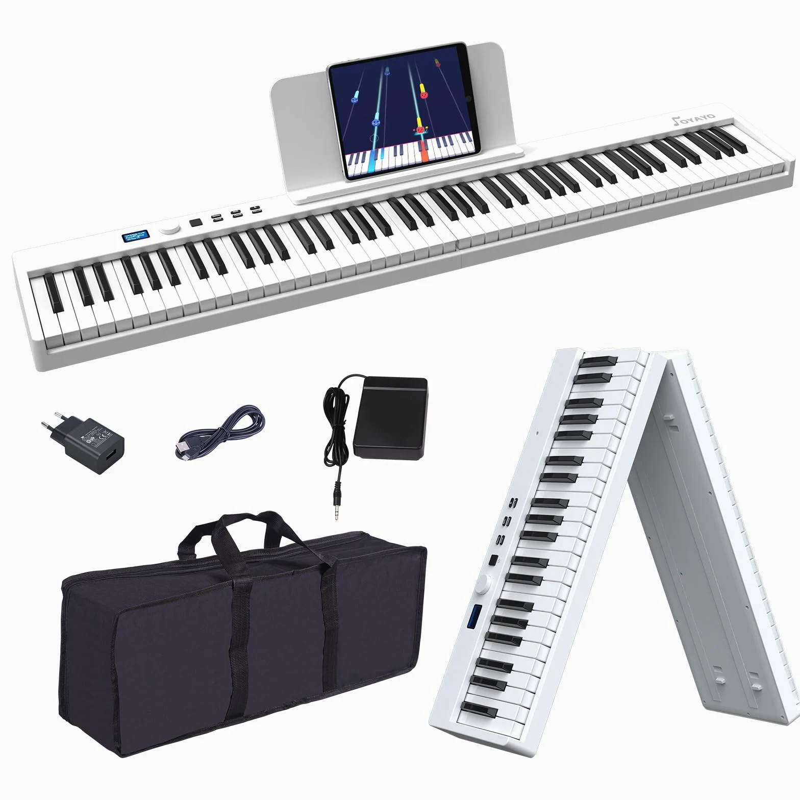 Piano con 88 tasti, pianoforte pieghevole con schermo LCD e tasti semi-ponderati, supporto MIDI Bluetooth, tastiera digitale con tasca per pianoforte, regalo di compleanno (bianco)