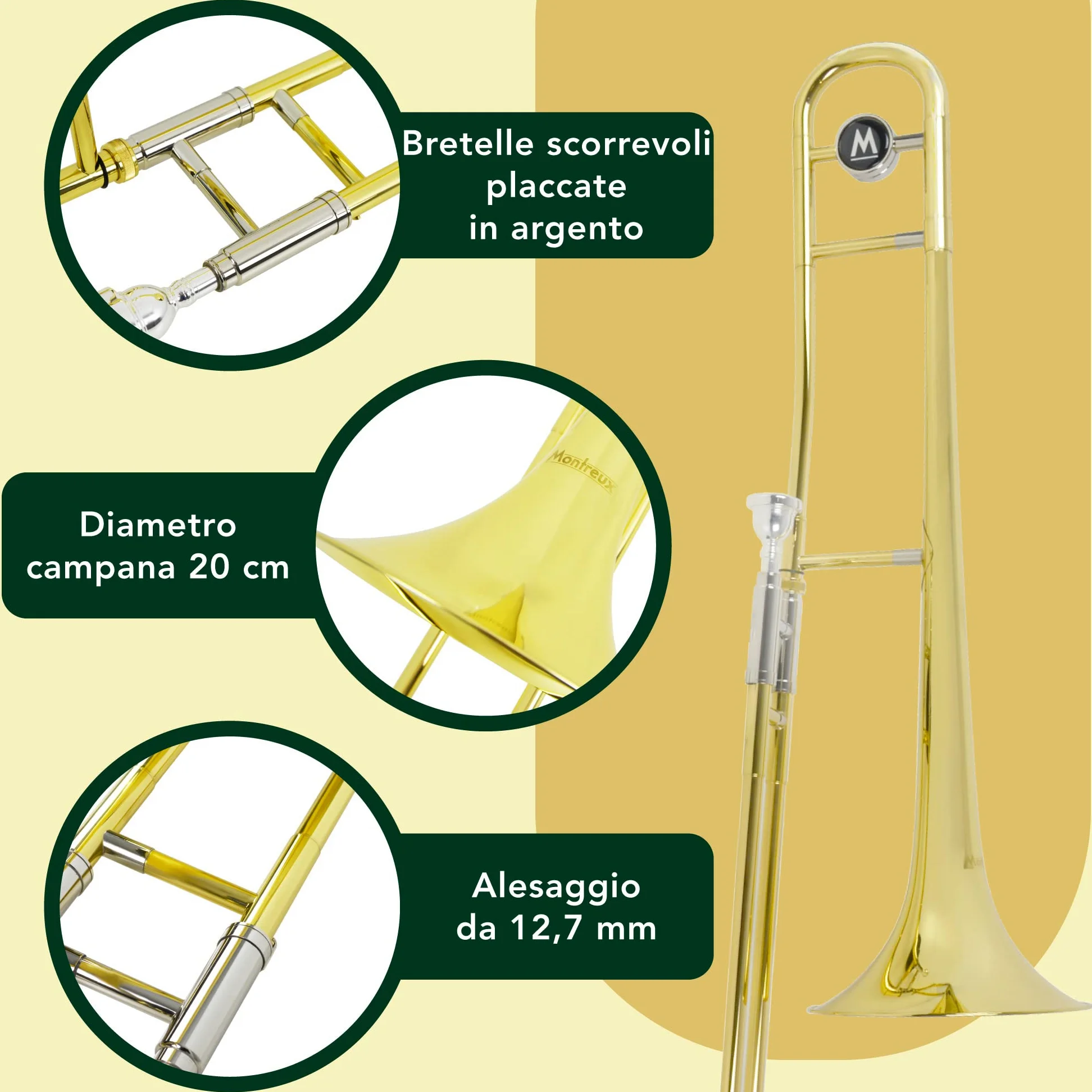 Montreux Student Trombone in Sib per Principianti con Custodia Protettiva Leggera, Bocchino 12C - Ottone Laccato, Campana da 8"/20 cm, Si Bemolle