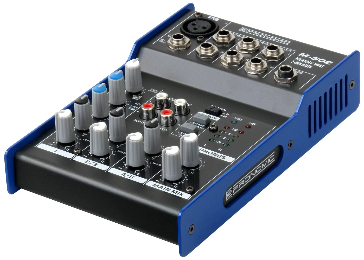 Pronomic M-502 Mixer Live/Studio (1 Canale Mono XLR/Jack, 2 Canali Stereo, EQ a 3 bande, Alimentazione Phantom 48V)