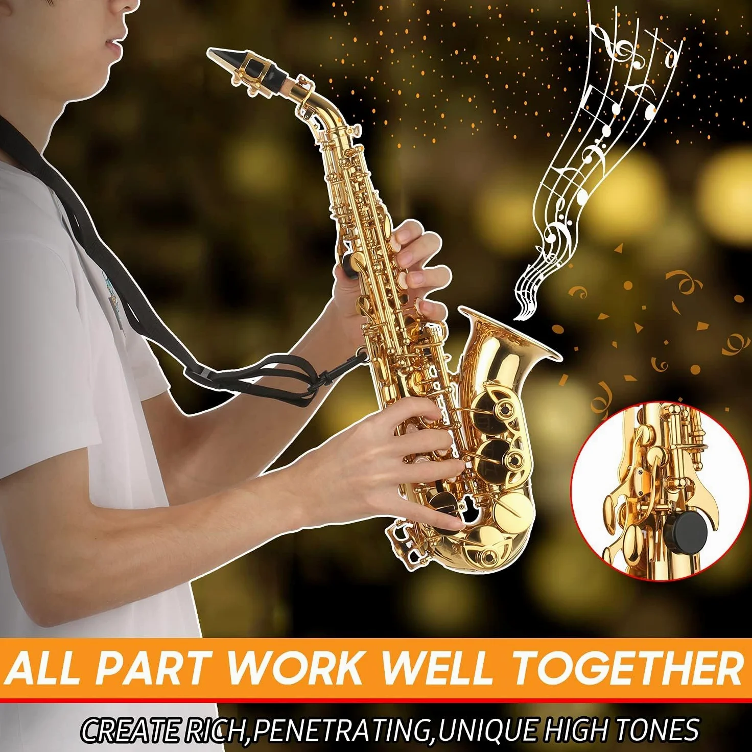 Sassofono, Sassofono Soprano in SIB Lacca Dorata Sax in Ottone con Custodia per Strumento Bocchino Tracolla Panno per Pulizia Spazzola per Musicisti Principianti