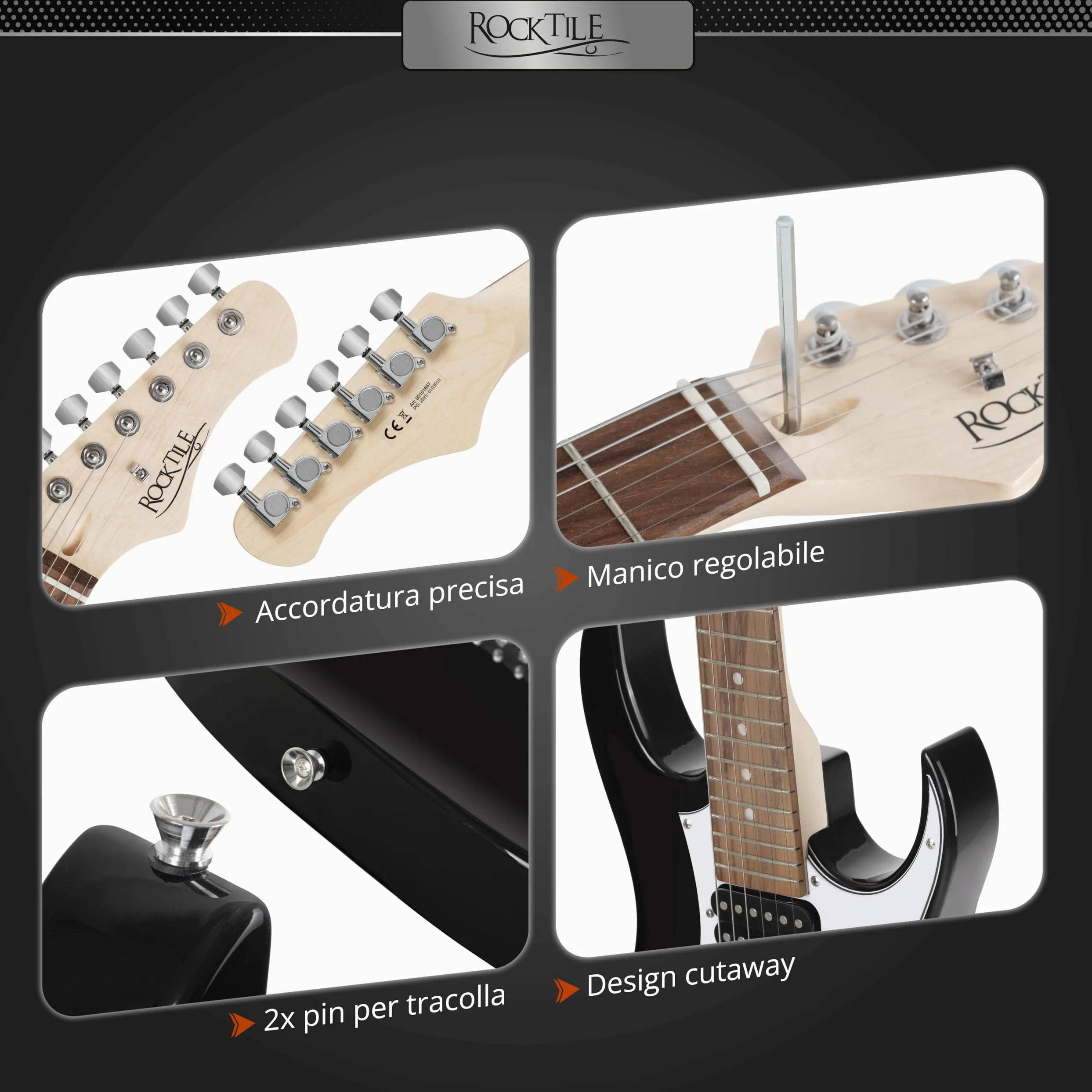 Rocktile Youngster YS-1BK 3/4 Chitarra Elettrica Nera, Generale, Peso: 2 | Modello: YS-1BK, Adatta indicativamente dai 6 ai 12 anni, 7 kg, Numero di corde: 6, Orientamento: Destrimano, Corpo, Manico