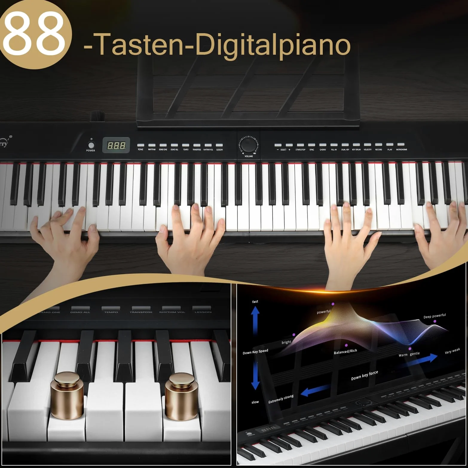 LEADZM Pianoforte Digitale Semi-Pesato a 88 Tasti, Tastiera Full Size, Tastiera Elettronica con Supporto a Forma di X a Doppio Tubo, Bluetooth MIDI, Leggio, Pedale Sustain, Cuffie (Nero, + Supporto)