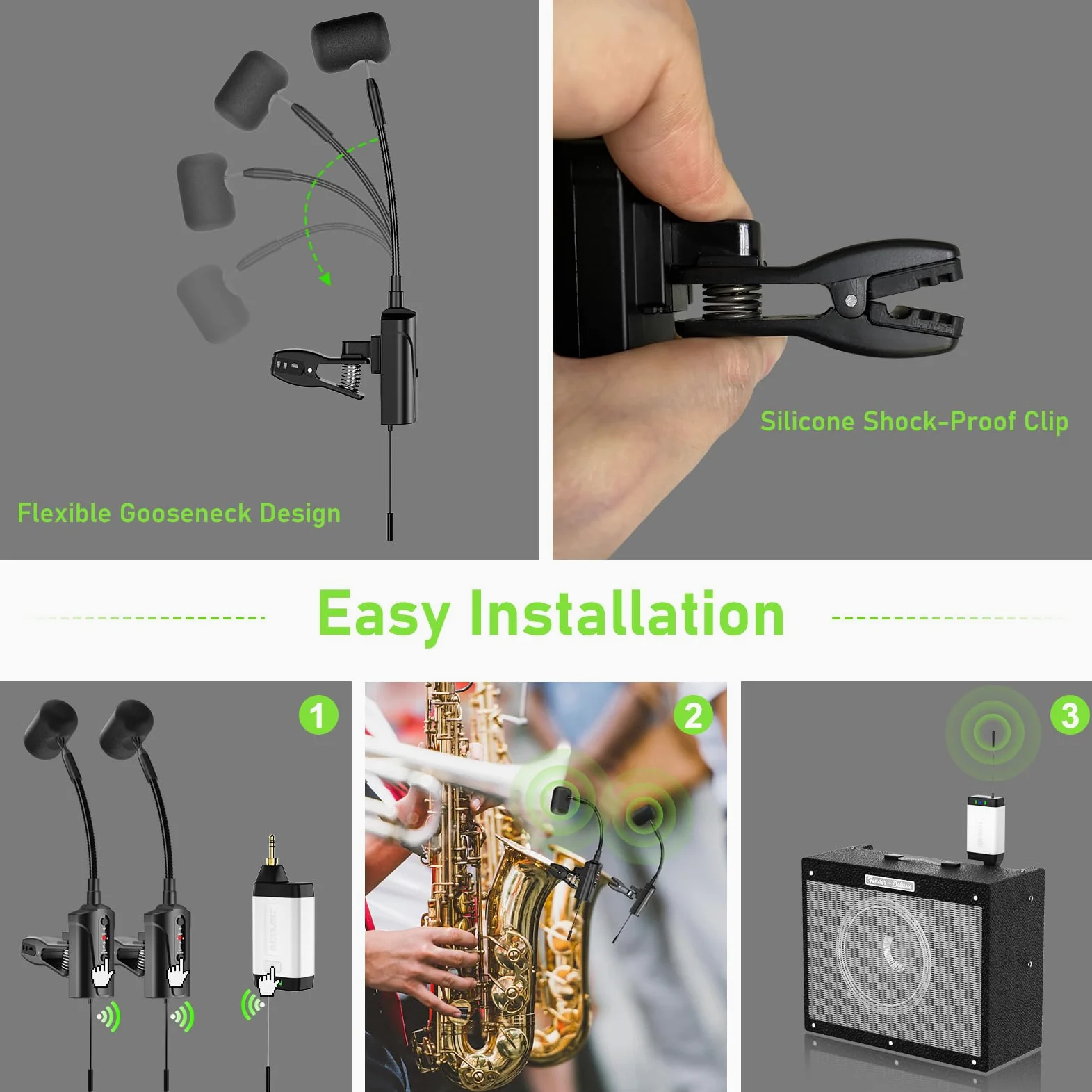 Doppio Microfono Wireless per Sassofono UHF per Strumento con Condensatore UHF, Microfono a Clip con 1 Ricevitore e 2 Trasmettitori, per Sassofono, Corno Francese, Tromba, Trombone, Q2/ST-5