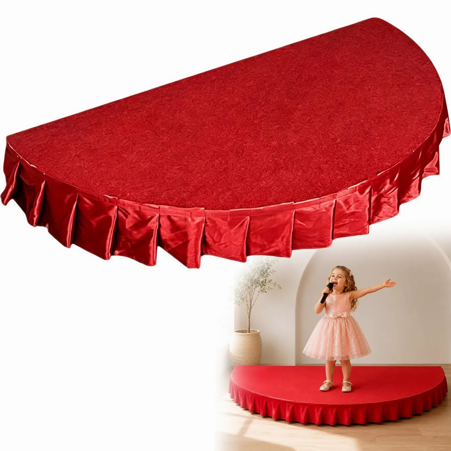 Palcoscenico portatile con piattaforma in moquette, Piattaforma per palcoscenico piccola con moquette antiscivolo, piattaforma semicircolare portatile(Red,39.4x19.7in)