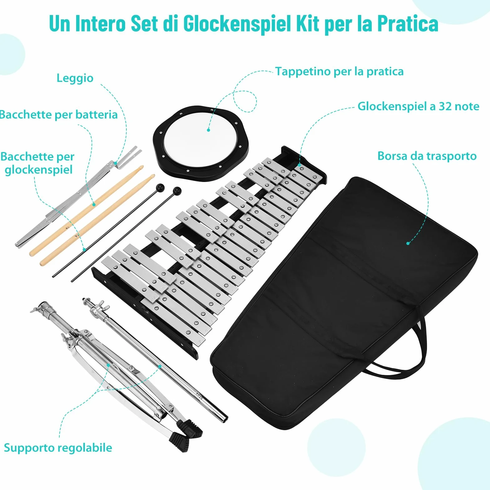GYMAX Glockenspiel Professionale, Xilofono Pieghevole da 32 Note in Alluminio per Bambini, con Supporto Regolabile, Leggio, Bacchette in Legno, Custodia Trasportabile, Tamburo da Allenamento