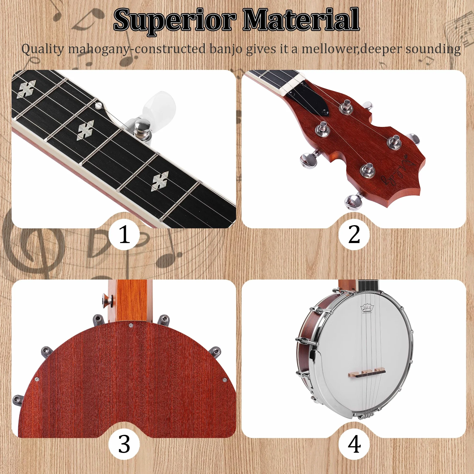 Mulucky Mini banjo a 5 corde, 66 cm, da viaggio, con corpo chiuso e solido posteriore, kit per principianti, con custodia, plettri, tracolla, B807