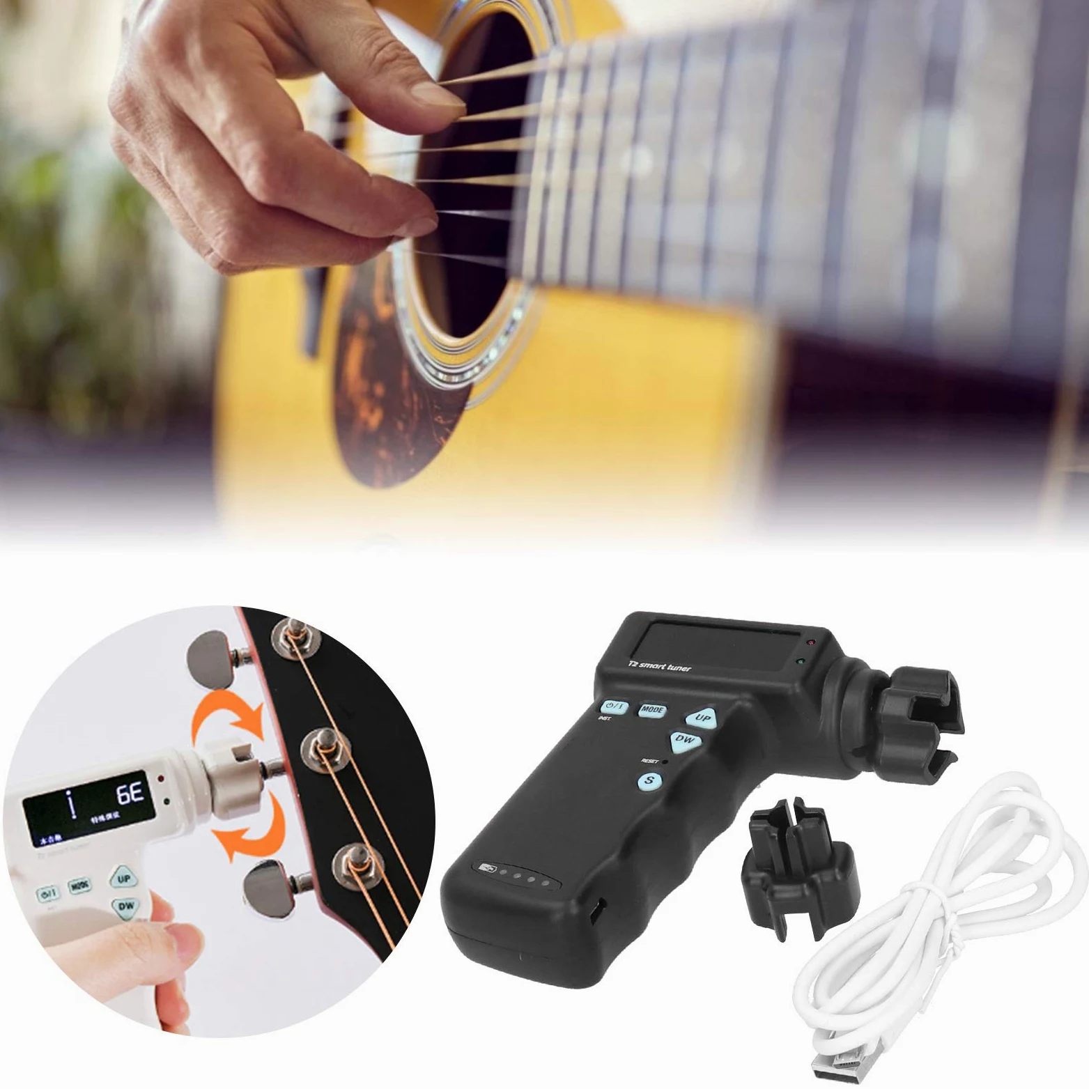 Accordatore Intelligente per Chitarra,Accordatore Intelligente per Chitarra Ukulele Automatico con Cavo USB Accessori per Strumenti Musicali(Nero) Accessori per chitarra