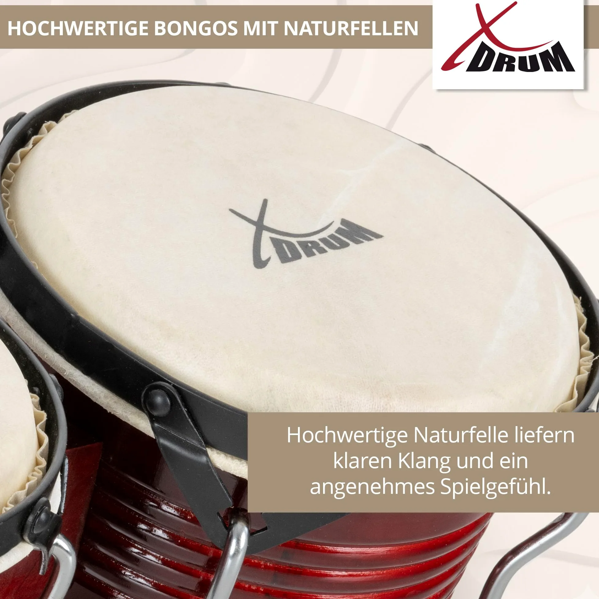 XDrum Bongos Pro Rosso Vino - 2 Tamburi con diametro 6,5" (17 cm) e 7,5" (20 cm) - Bonghi con pelli naturali accordabili, chiave di accordatura e supporto - Tamburi in legno rossi