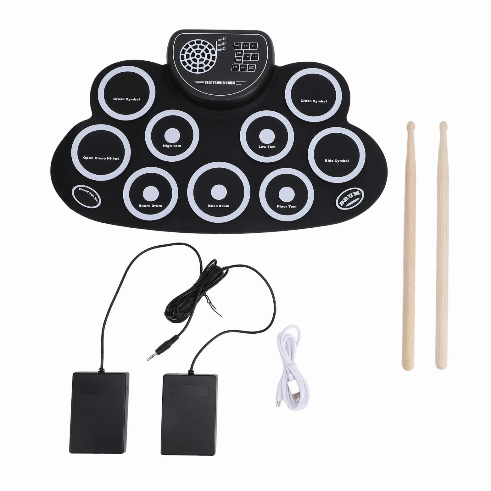 Set di batteria elettronica, batteria elettrica portatile, altoparlante integrato ricaricabile, batteria elettronica con jack per cuffie, 9 cuscinetti in silicone per bambini e adulti