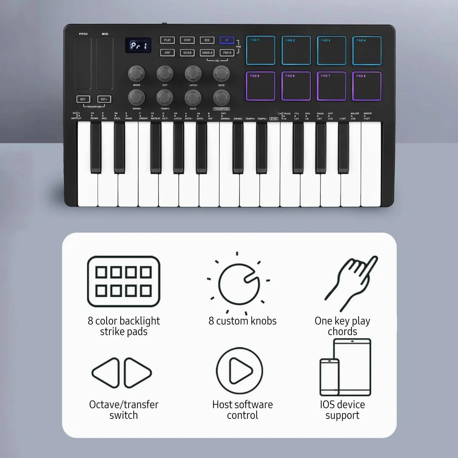 Tastiera Elettronica Professionale Mini 25 Tasti Wireless USB MIDI Keyboard Controller Con 8 Drum Pad Retroilluminati 8 Manopole E 2 Strisce Touch