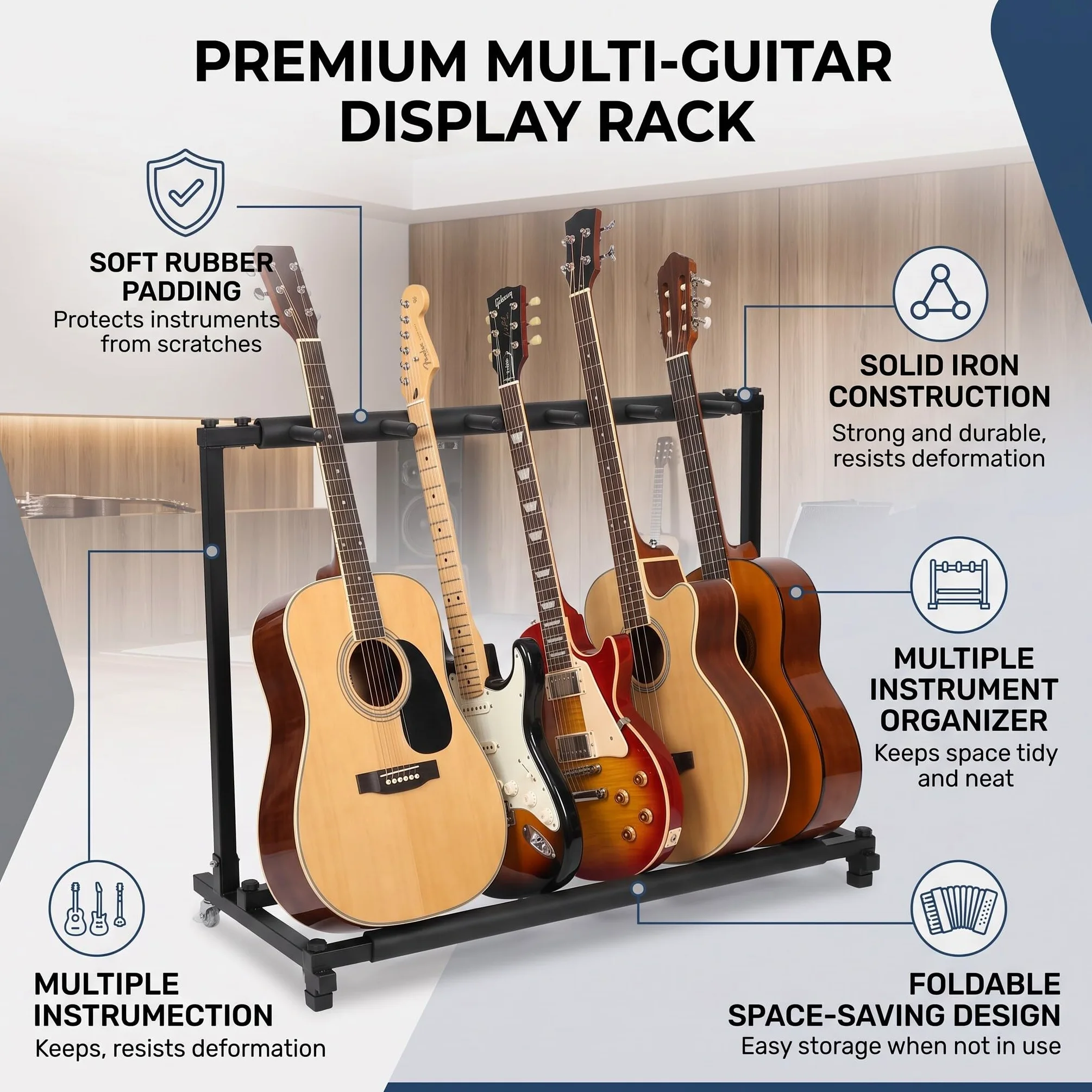 Ejoyous Supporto per Chitarra a 5 Scomparti, Multifunzione, per Chitarra in Metallo, Supporto per Chitarra, con contatti in Gomma, per Chitarra (5)