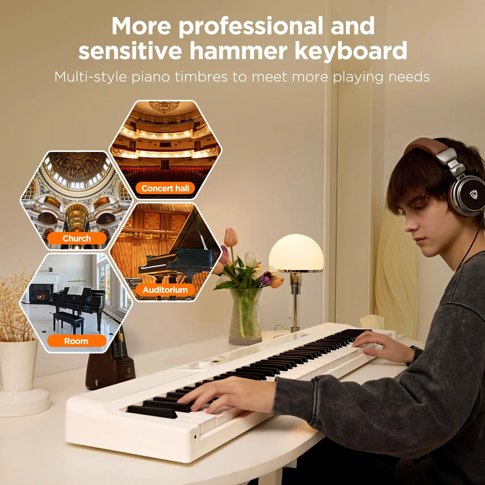 TERENCE 30W Pianoforte digitale Il pianoforte elettronico pieghevole più sottile e leggero Tastiera pesata a 88 tasti Touchpad a specchio Con interfaccia Bluetooth e MIDI Suona stili diversi Bianco