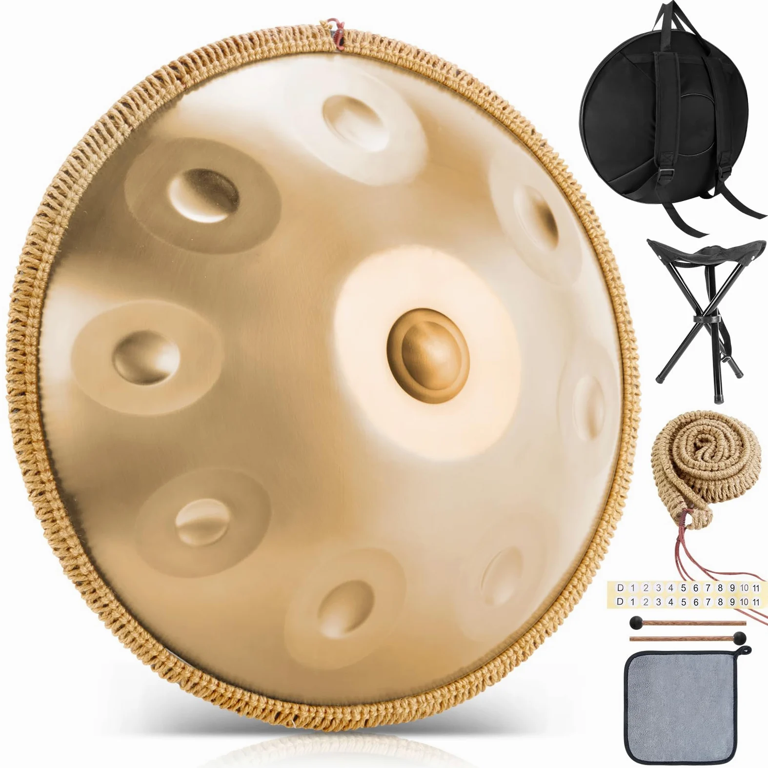 Handpan Instrument 432 Hz, 9 toni, 22 pollici, Handpan in d-Moll, tamburo per lingua con custodia, bacchetta, supporto, per principianti, professionisti, musicoterapia (oro, 9 toni 432 Hz)