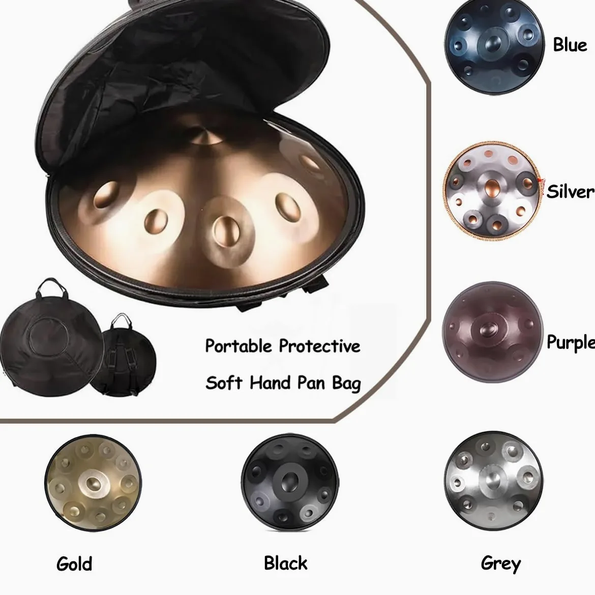 Handpan Strumento Musicale, 56cm 440 Hz 9/10/12 Note Tamburo In Acciaio Tongue Drum In Sol Minore Con Bacchette, Supporto Per Batteria, Borsa Per Meditazione Yoga(Nero,9)