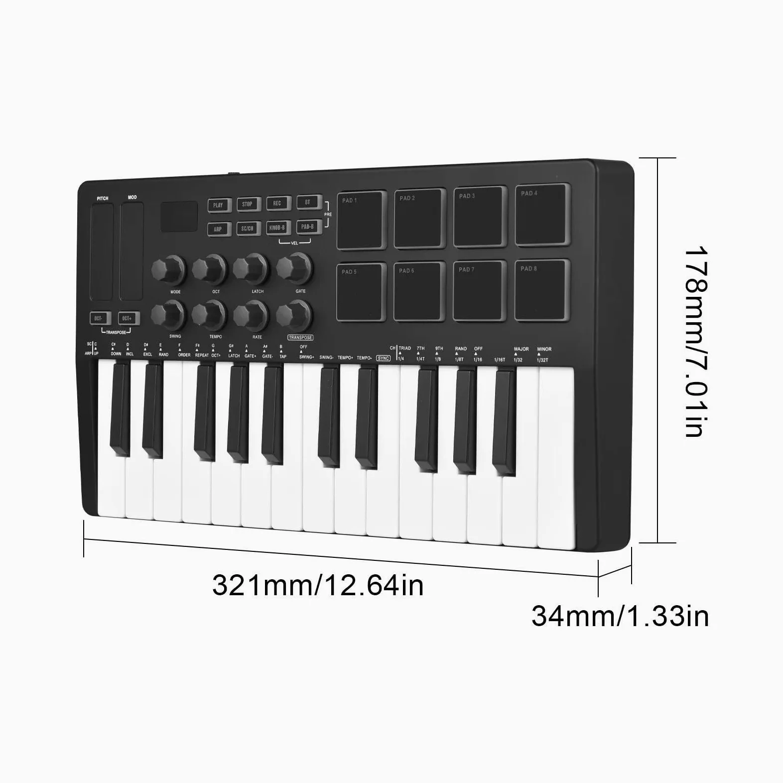 Tastiera Elettronica Professionale Mini 25 Tasti Wireless USB MIDI Keyboard Controller Con 8 Drum Pad Retroilluminati 8 Manopole E 2 Strisce Touch