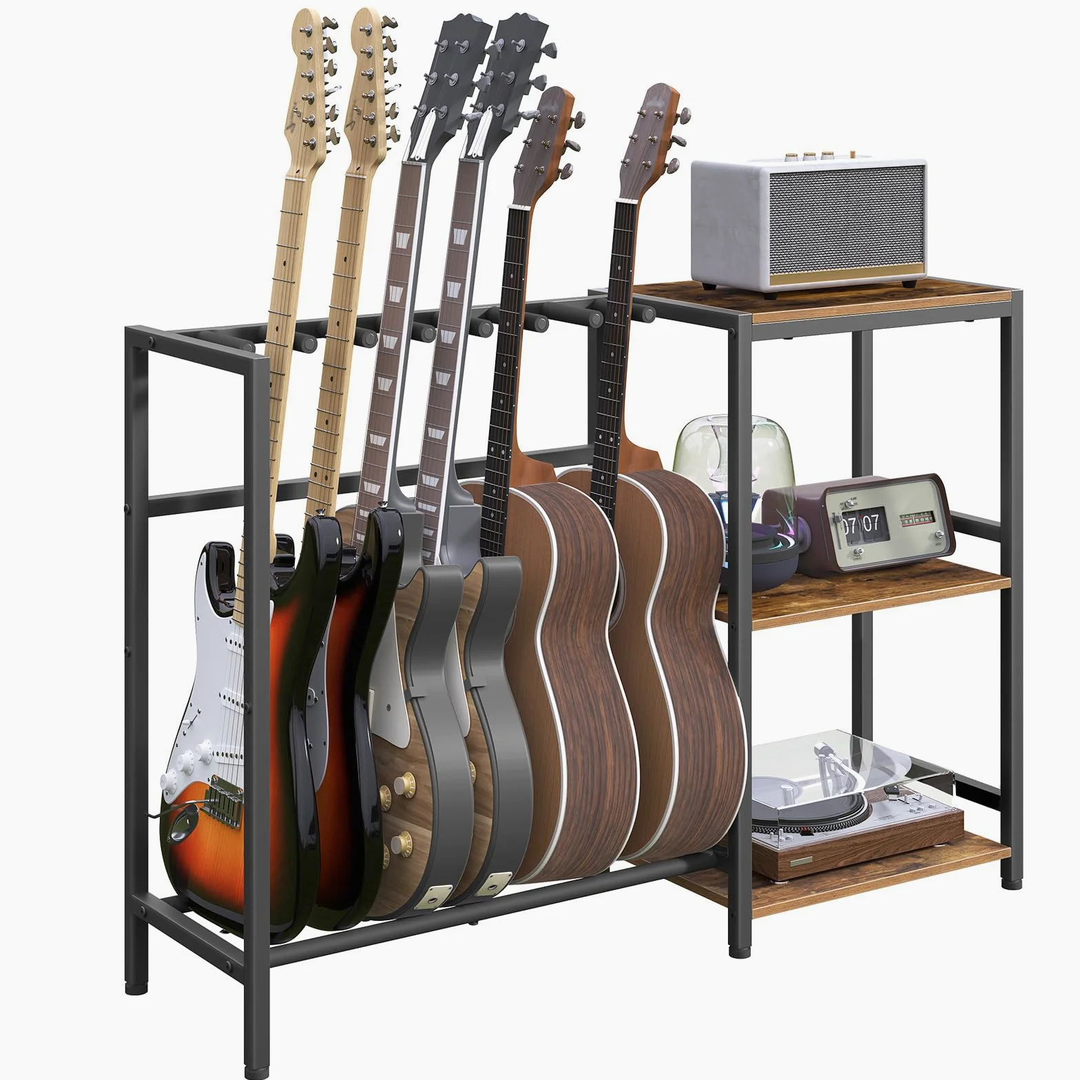 MAHANCRIS Supporto per chitarra, Supporto per 5-6 strumenti a corda, Adatto per chitarra acustica, basso, Scaffale per chitarra con ripiani per giradischi, con pastiglie in gomma antiscivolo, marrone