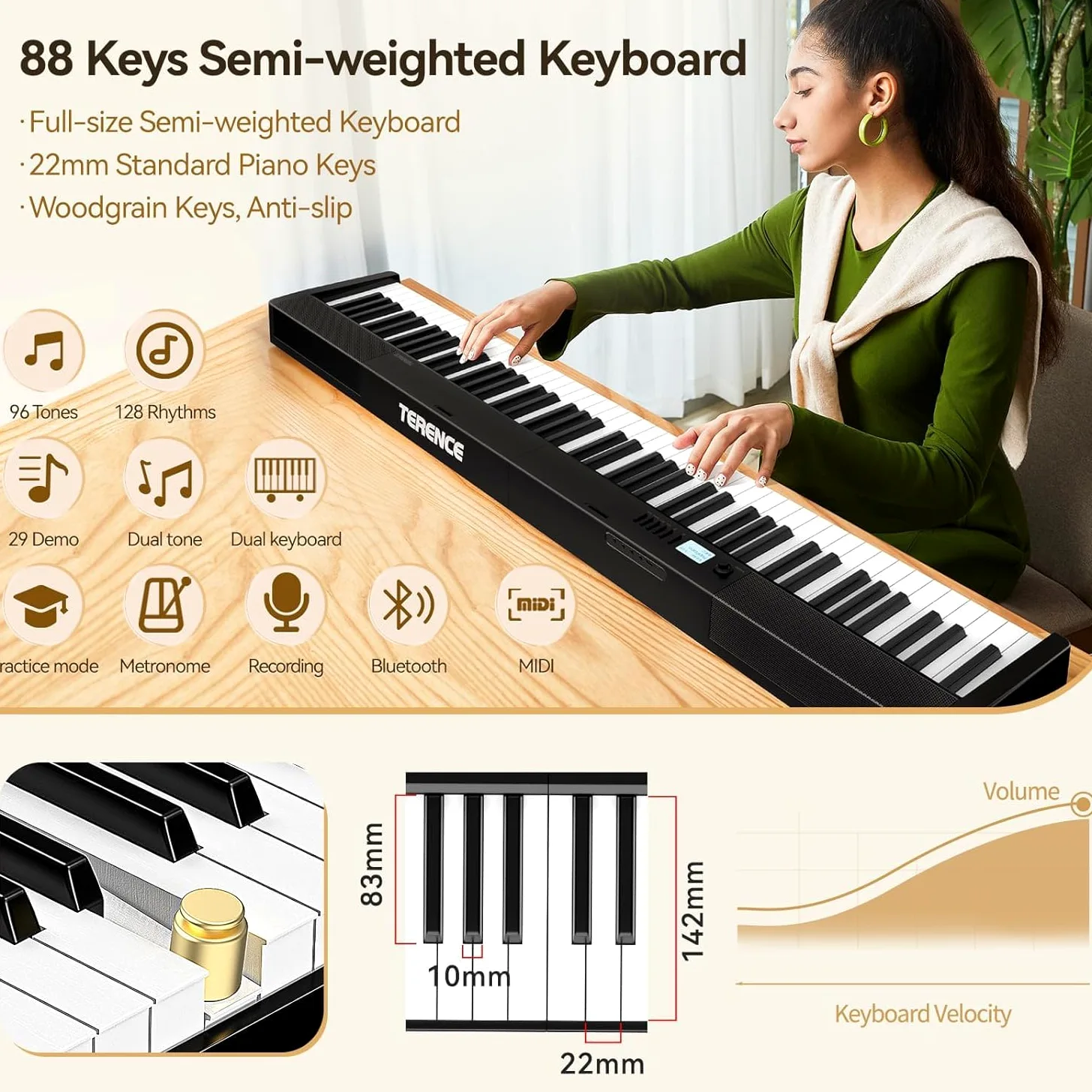 TERENCE Pieghevole Pianoforte Digitale 88 Tasti semi-pesati con batteria da 1800 mAh Altoparlanti 2x5W Bluetooth interfaccia MIDI supporto per spartiti Borsa adesiva Cavo audio con Pedale di sostegno
