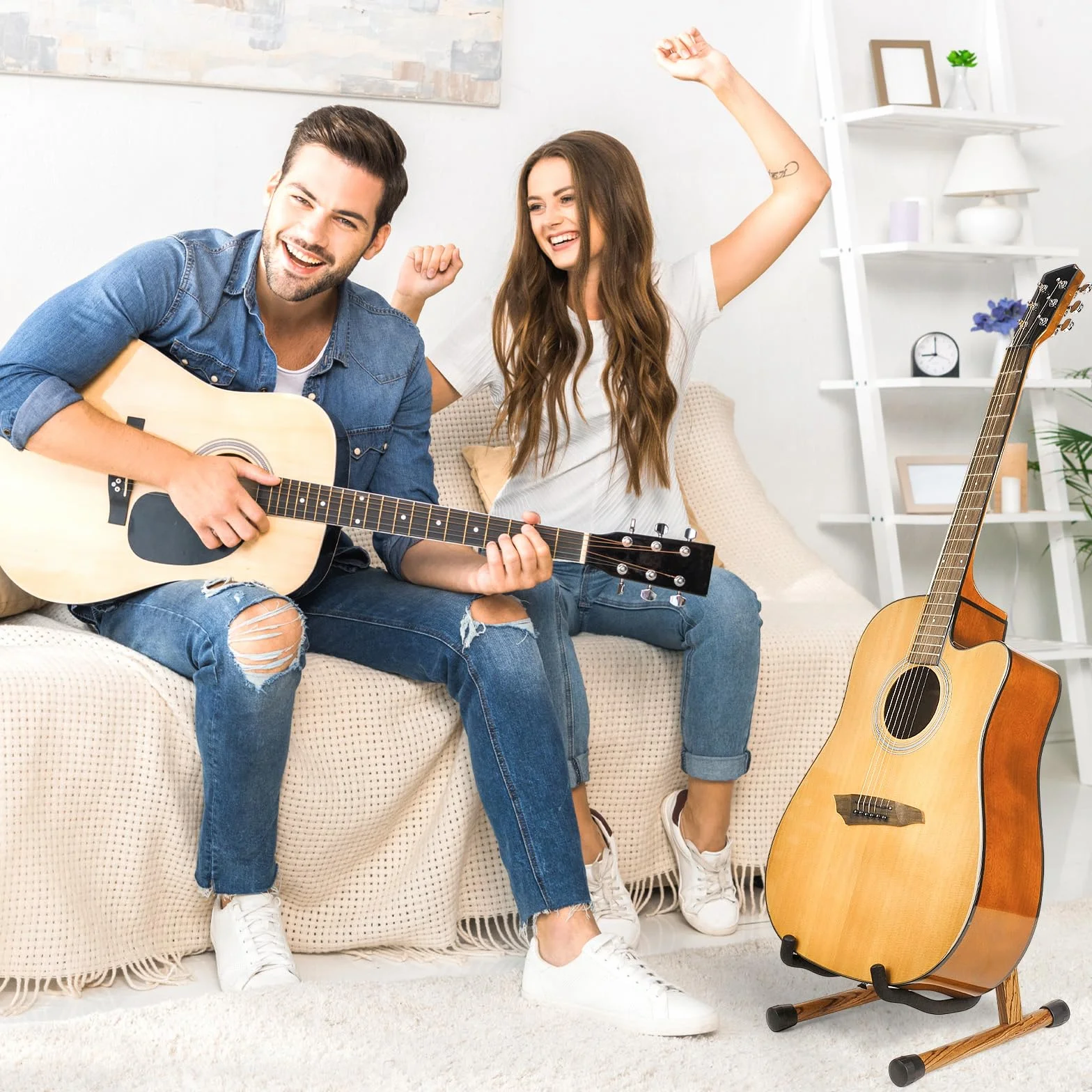 MUSO Supporto per chitarra, pieghevole, facile da montare e portatile, per basso, ukulele, banjo, violoncello, mandolino, supporto solido, durevole (legno zebrano)