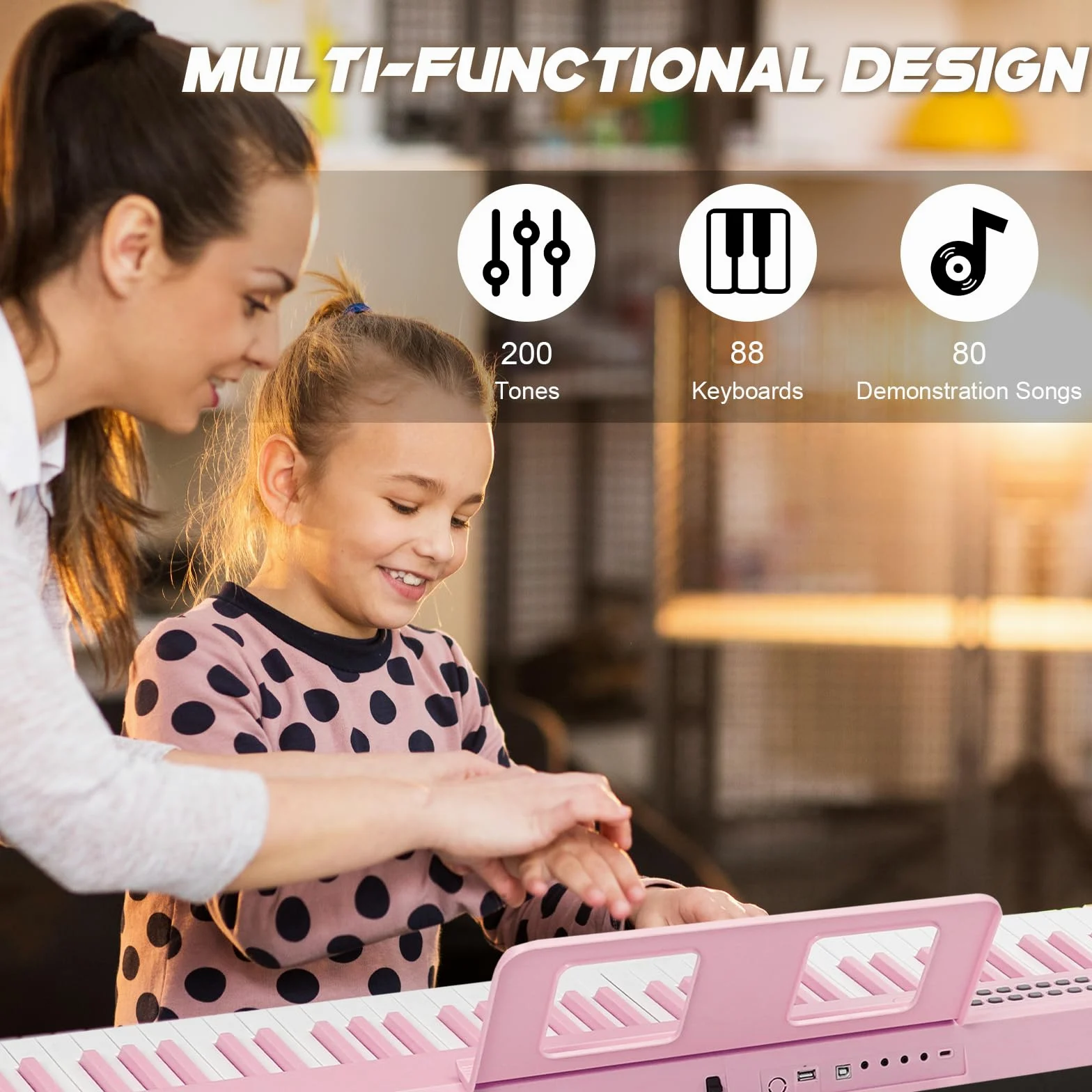 Tastiera per pianoforte a 88 tasti, pieghevole, portatile, con tasti illuminati, pedale professionale, Bluetooth, cuffie, MIDI, 200 suoni, 80 canzoni demo, modalità lezione per principianti, rosa