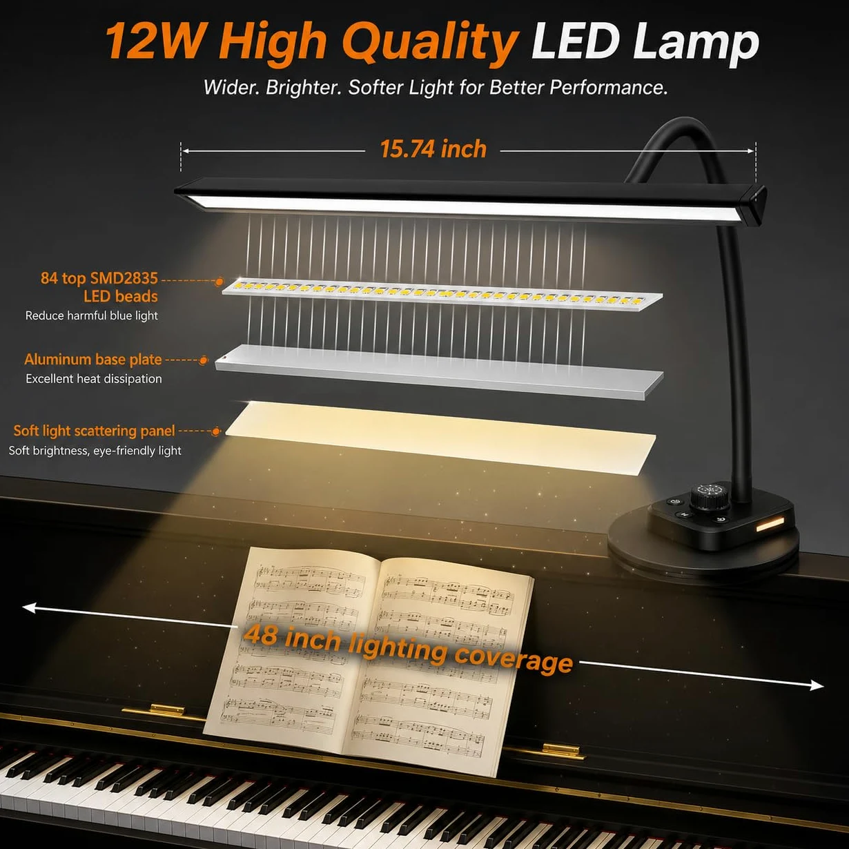 Lampada per pianoforte a coda e pianoforti verticali, lampada LED dimmerabile con 5 modalità di illuminazione, porta di ricarica USB, timer di spegnimento automatico, design a collo di cigno