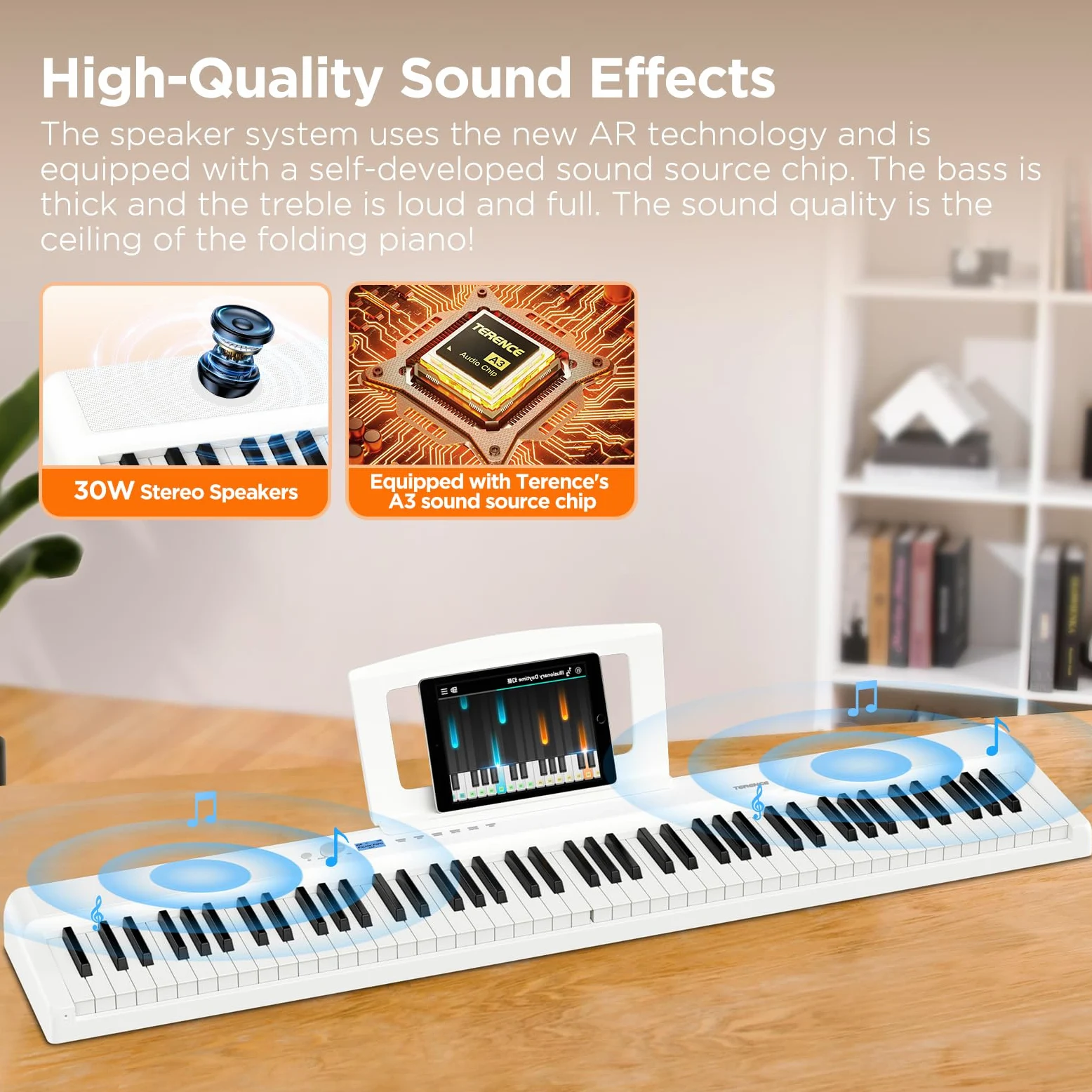 TERENCE 30W Pianoforte digitale Il pianoforte elettronico pieghevole più sottile e leggero Tastiera pesata a 88 tasti Touchpad a specchio Con interfaccia Bluetooth e MIDI Suona stili diversi Bianco