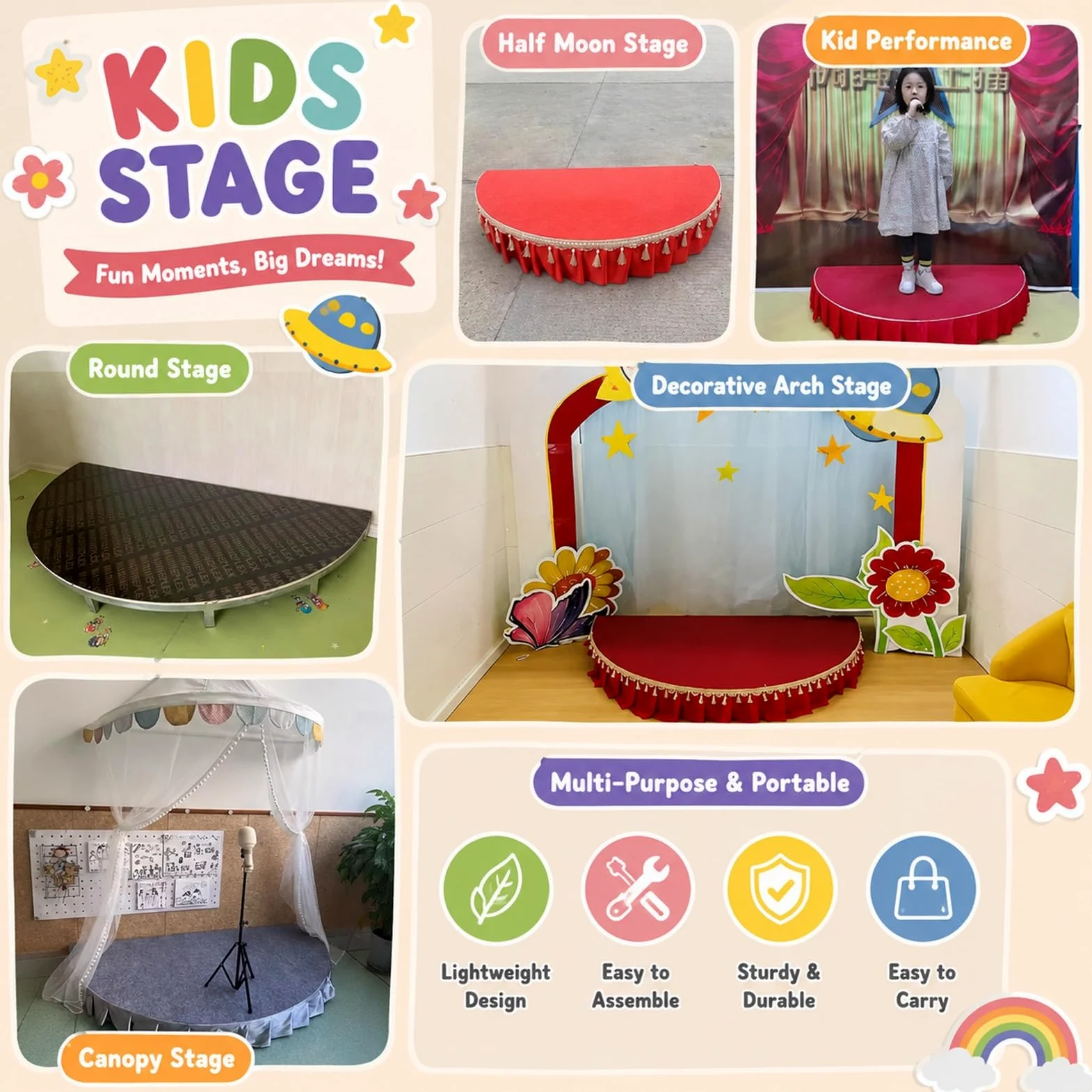 Palcoscenico portatile semicircolare/rotondo, piccolo palco con gonna, elevata capacità di carico, mini palco per spettacoli corali, eventi scolastici e in classe(Gray B,120x60cm)