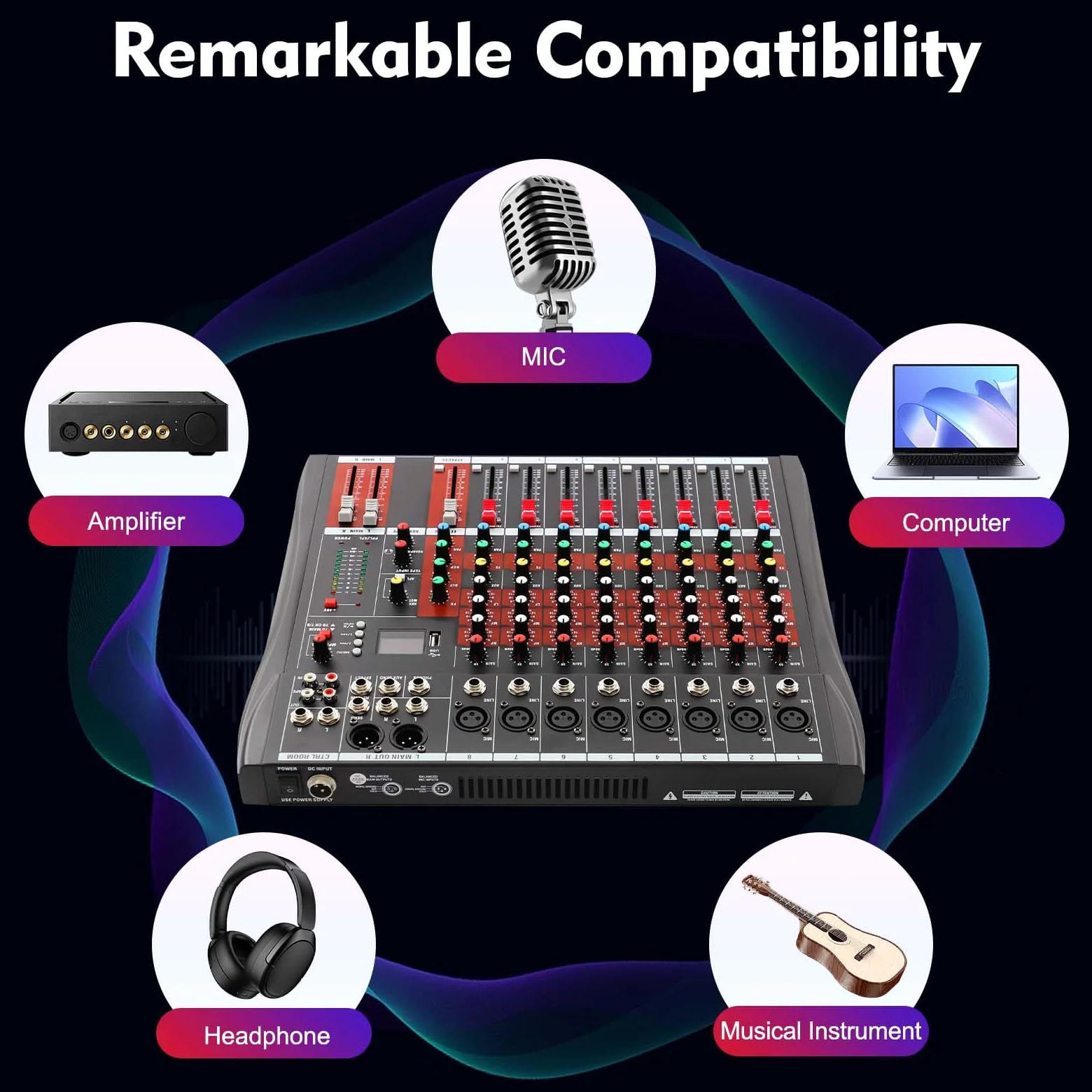 Mixer Audio Mixer 8 Canali Professionale con Bluetooth USB, Mixer 8 Ingressi Microfono Alimentazione Phantom 48V, Equalizzatore 3 Bande Fader Preciso per Karaoke Studio Scena