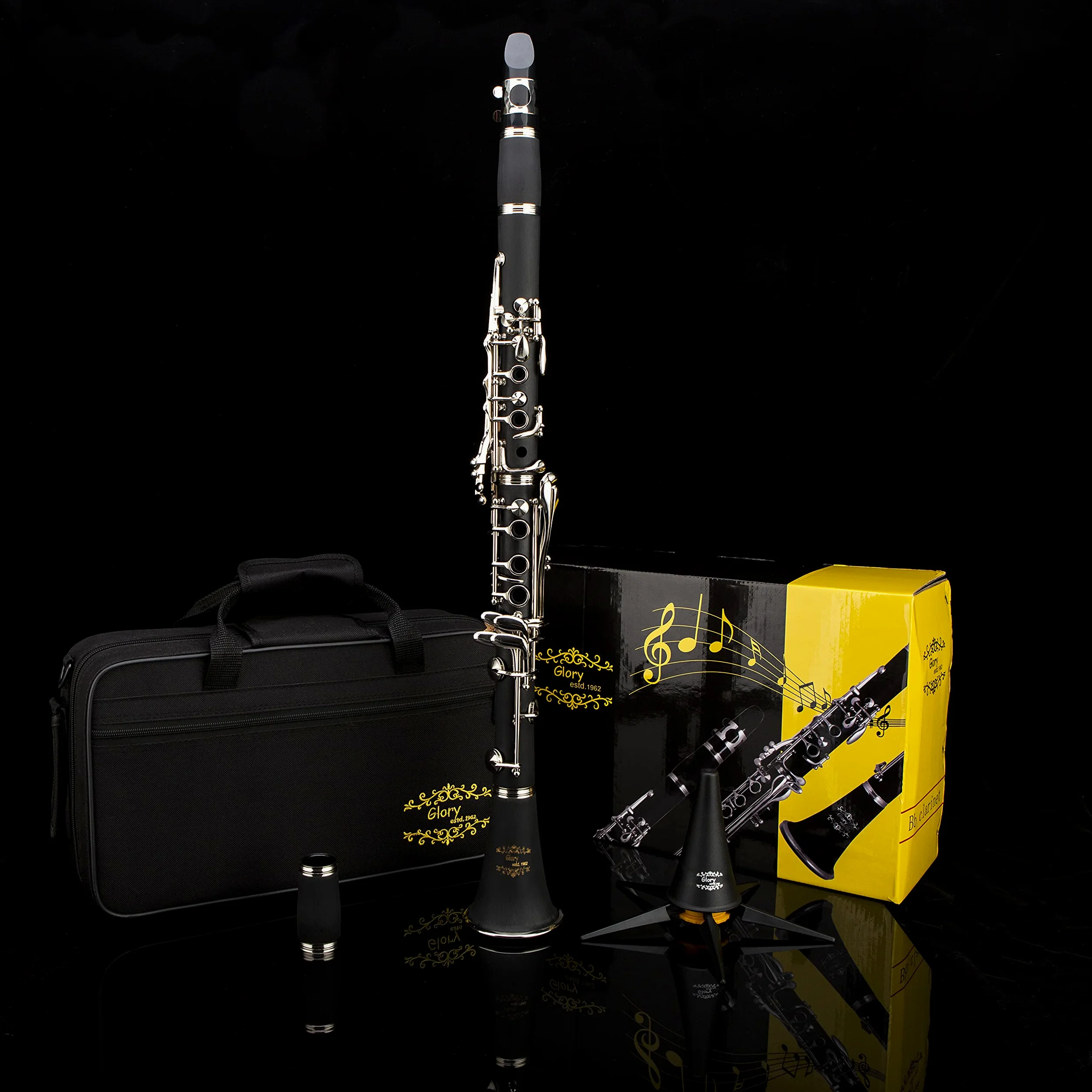 Glory GLY-PBK - Clarinetto professionale in ebanite con 10 ance, supporto, custodia rigida, panno per la pulizia, spazzola per bocchino e spazzola per cuscinetto, nero