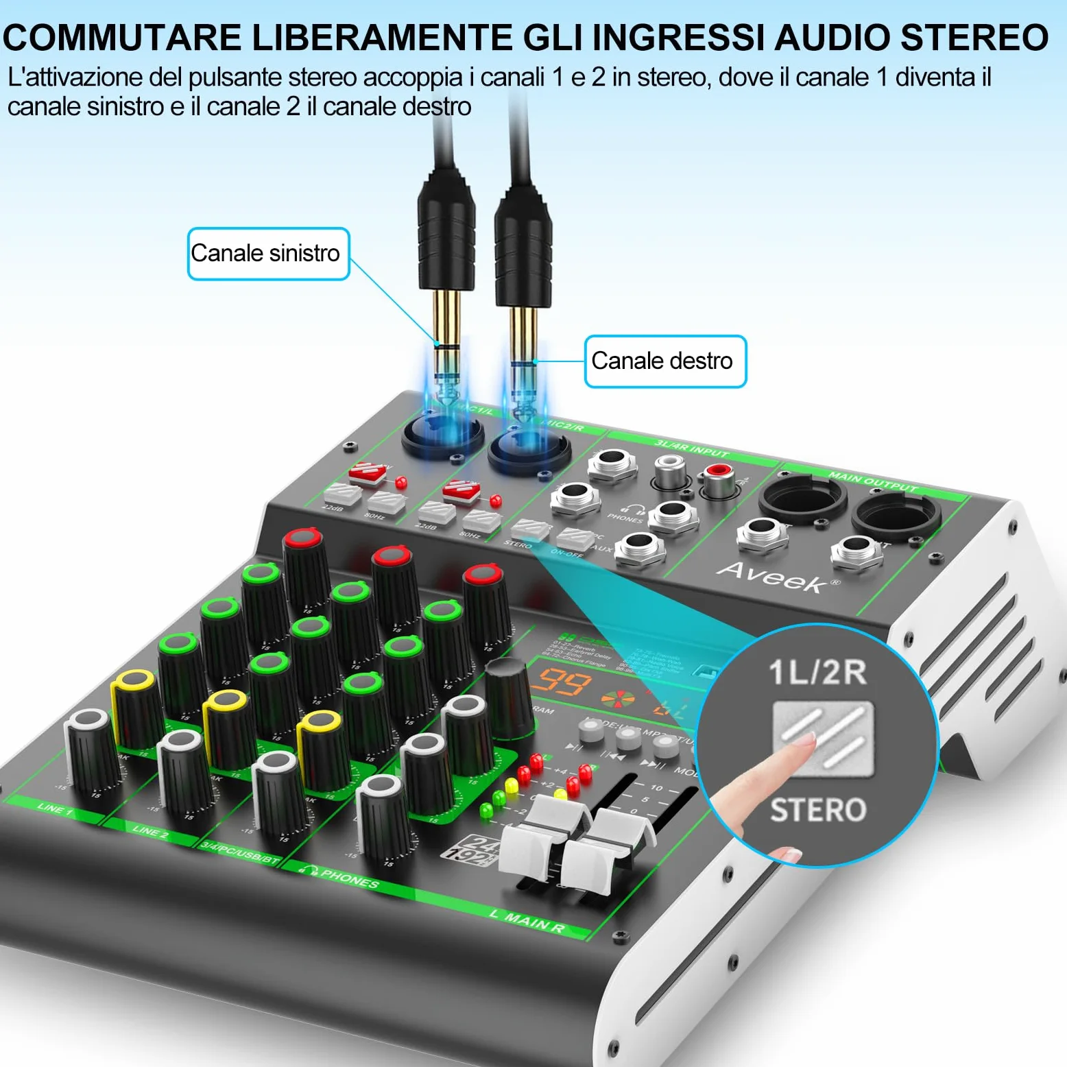 Aveek Mixer Audio, Console di Mixaggio Professionale con Ingresso USB/Bluetooth/Computer/4 Canali Stereo DJ Mixer, 48V Phantom Digital 99 DSP Effect per PC Registrazione Karaoke Studio Streaming
