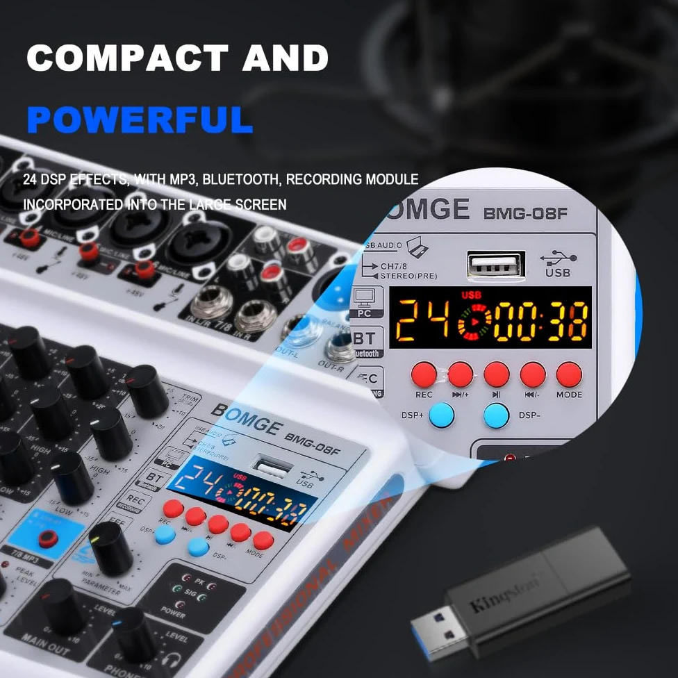 BOMGE 8 channel mini audio mixer Line Mixer ，DC 5V，with MP3 Player,Bluetooth, U disk 48V,24DSP effects, USB recording Ideal for Small Clubs or Bars, Studio Recording (8 channels-WHITE)