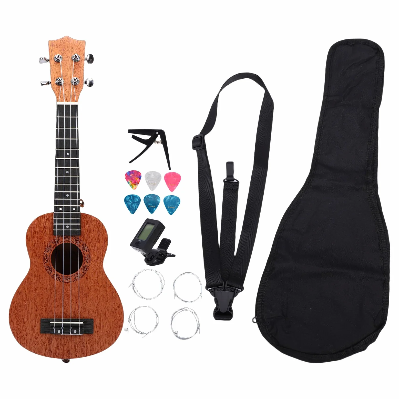 Jeffergarden Ukulele Acustico in Mogano da 21 Pollici, in Legno Massello, a 4 Corde, con Borsa Portatile, Accordatore, Cinghia, Capotasto e Plettri per Adulti, Bambini e Principianti