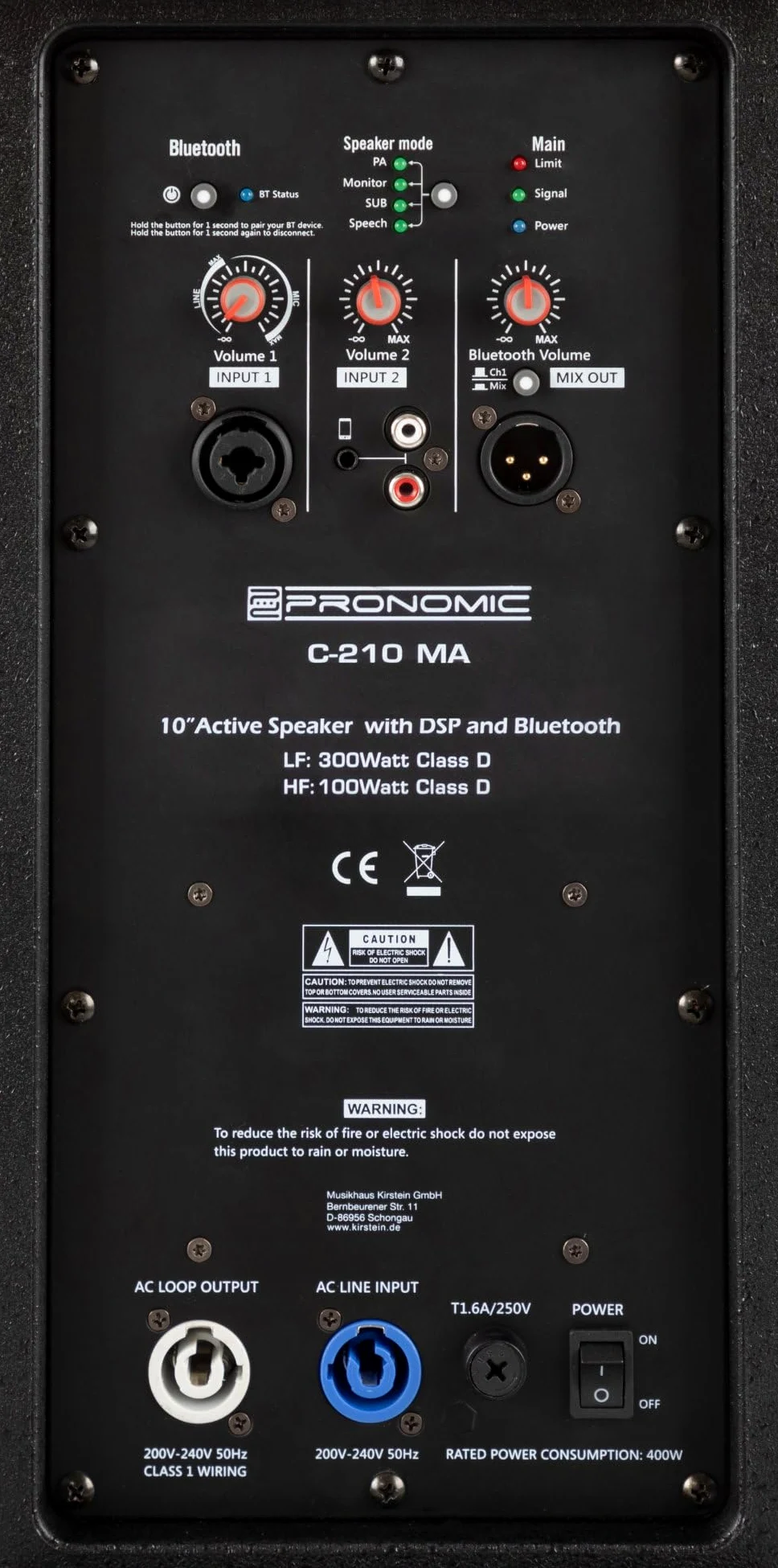 Pronomic C-210 MA Cassa Attiva 10" 400 Watt, Tipo: 2 vie Bi-Amp, 3 kHz | Risposta in frequenza: 65 Hz - 20 kHz, Sensibilità (1m/1W): 92 dB, Impedenza: 4 Ohm, Woofer: 10" (254 mm), SPL: 118 dB, 3 kHz