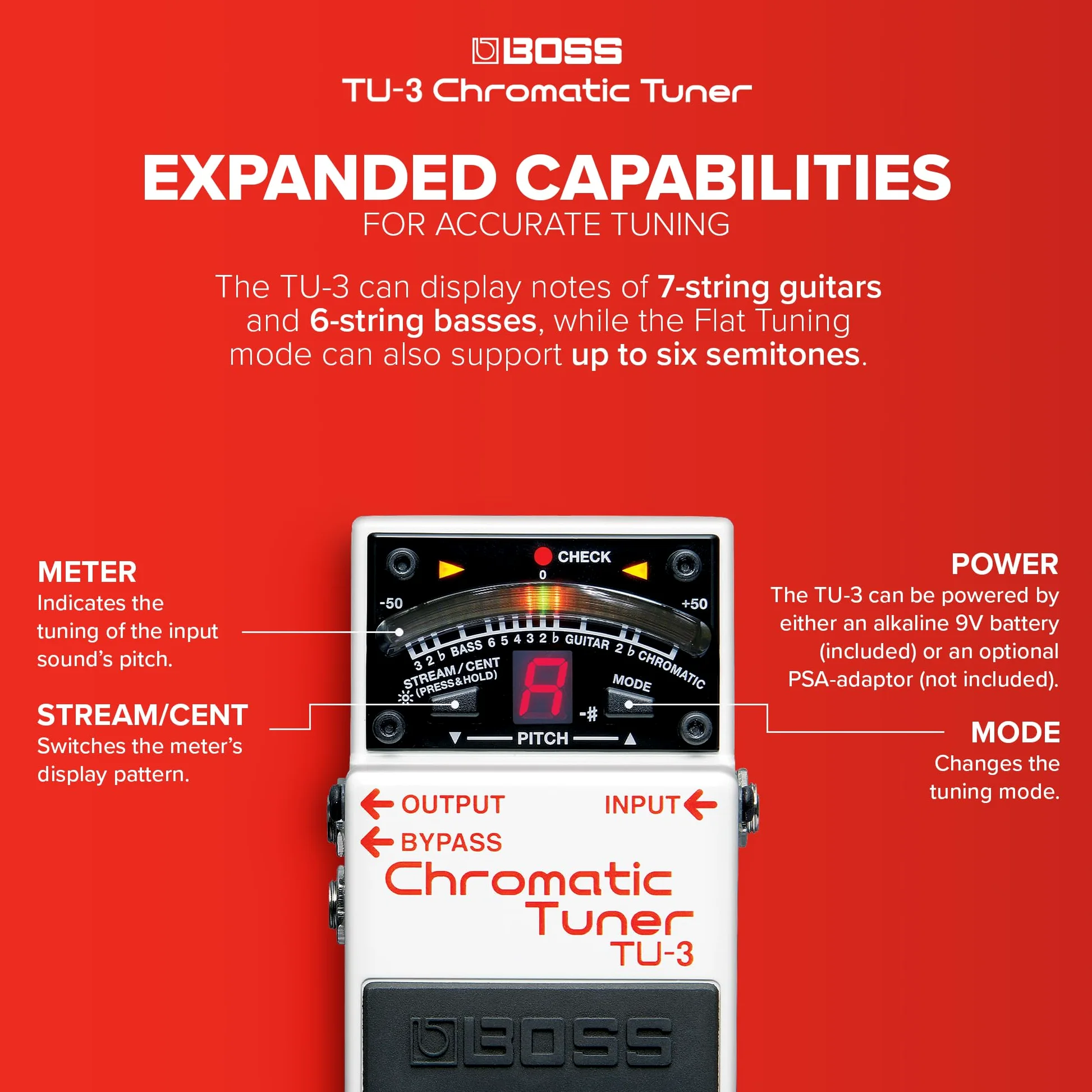 BOSS TU-3 Pedale Accordatore per Chitarra, la modalità High-Brightness migliora la visibilità del misuratore all'aperto