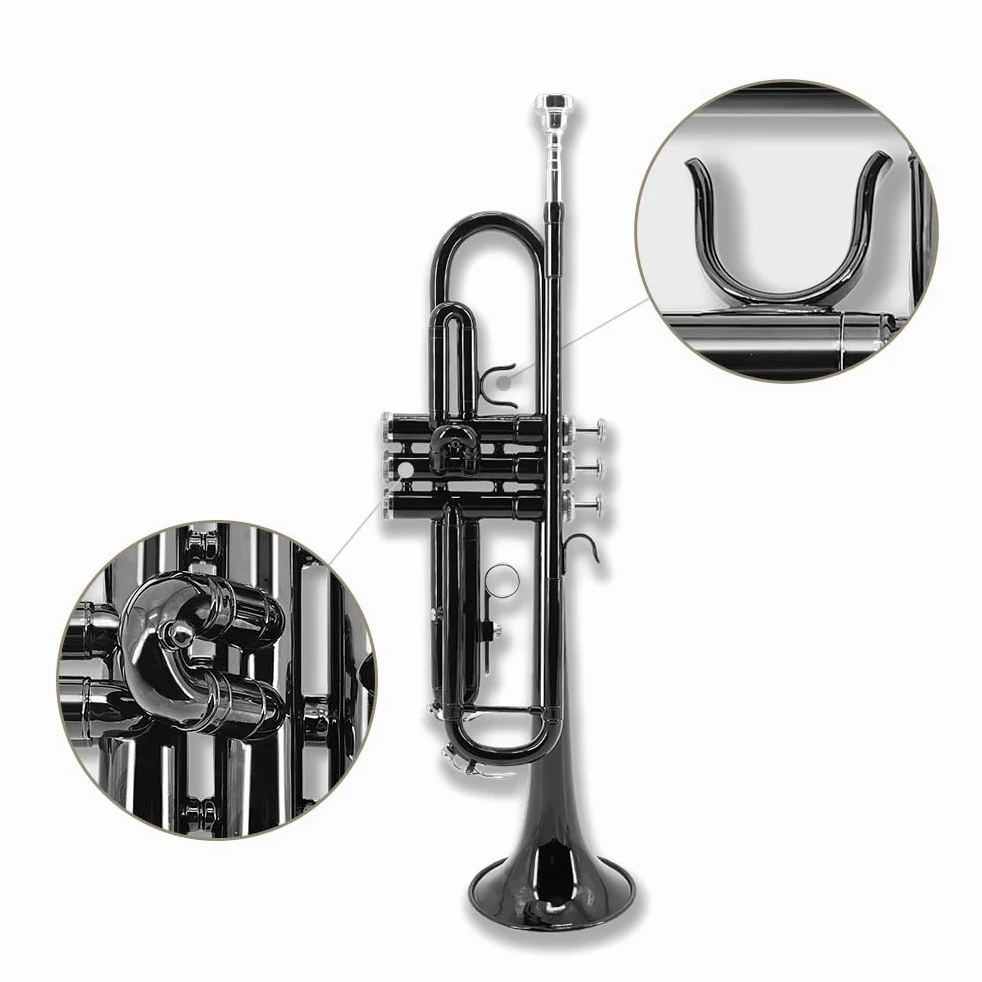 Set di tromba standard in Sib per principianti, tromba da studente, strumento per tromba in ottone, si bemolle, con bocchino 7C, panno per la pulizia, guanti e custodia rigida (nero)