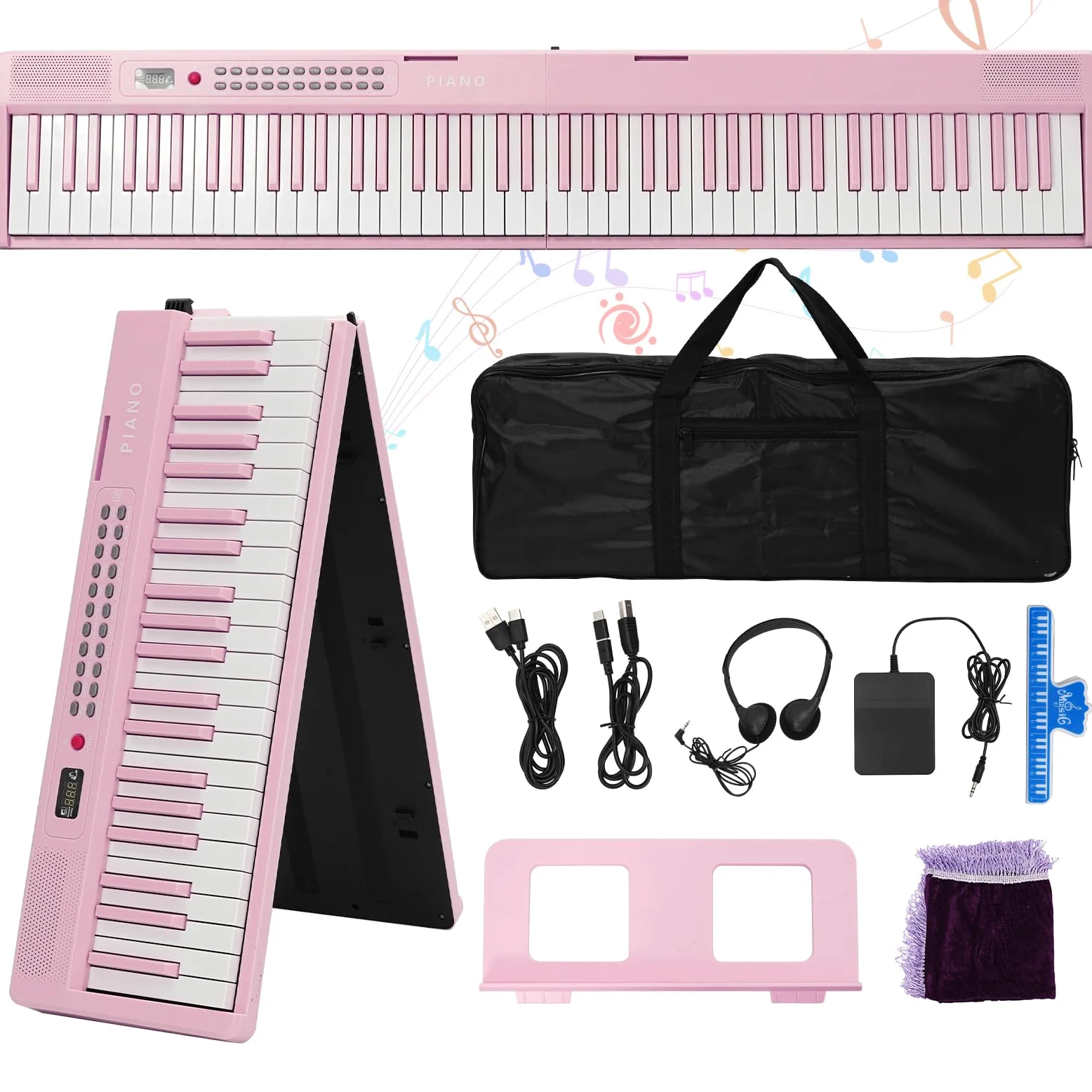 Tastiera per pianoforte a 88 tasti, pieghevole, portatile, con tasti illuminati, pedale professionale, Bluetooth, cuffie, MIDI, 200 suoni, 80 canzoni demo, modalità lezione per principianti, rosa
