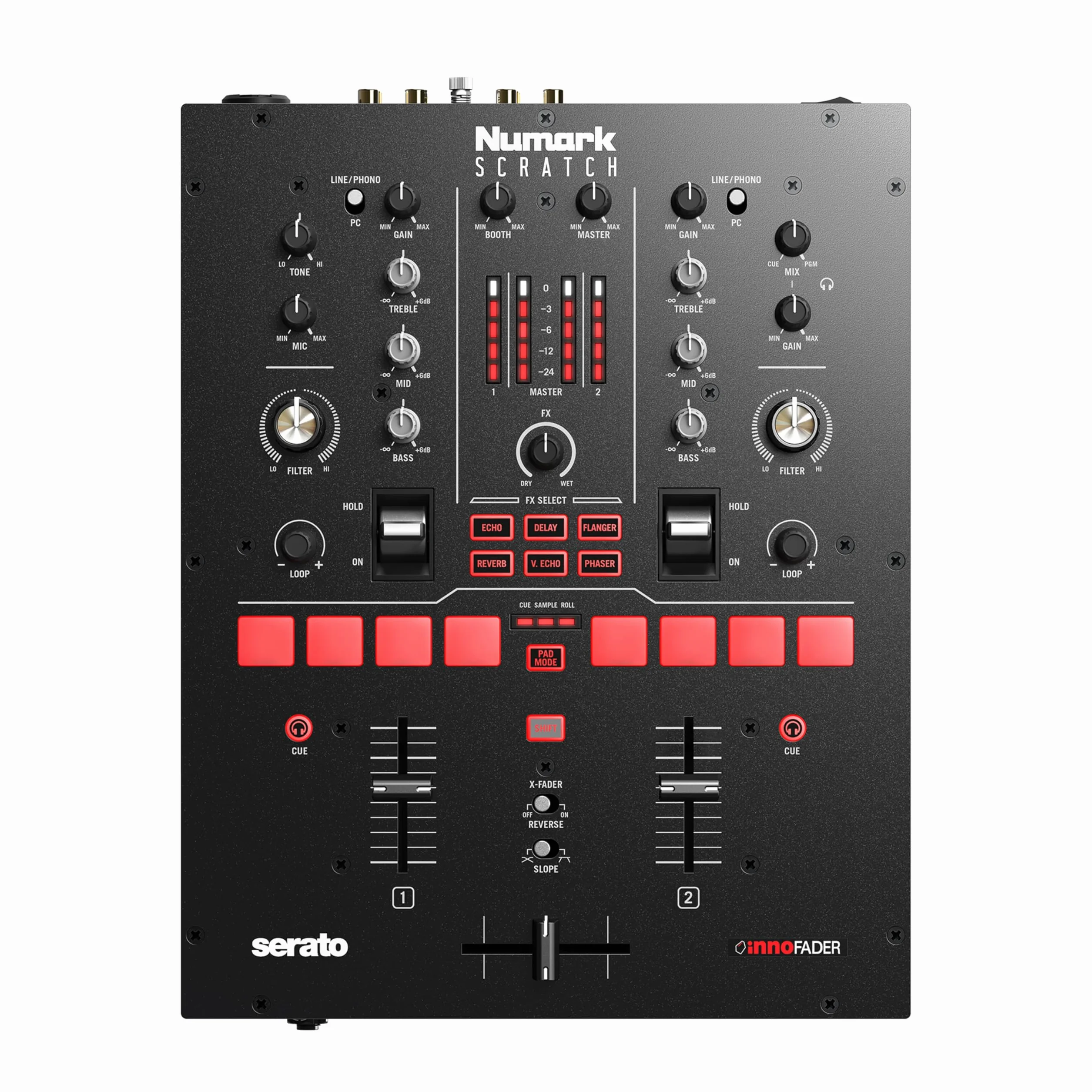 Numark Scratch Mixer Scratch a 2 Canali Per DJ + Serato DJ Pro, Crossfader Innofader, Licenza DVS, 6 Selettori per Effetti, Pad Performance