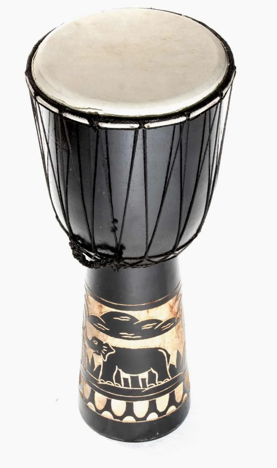 Tamburo Djembe grande 60 cm Tamburo Bongo Elefante marrone Commercio equo e solidale Suono superiore nero
