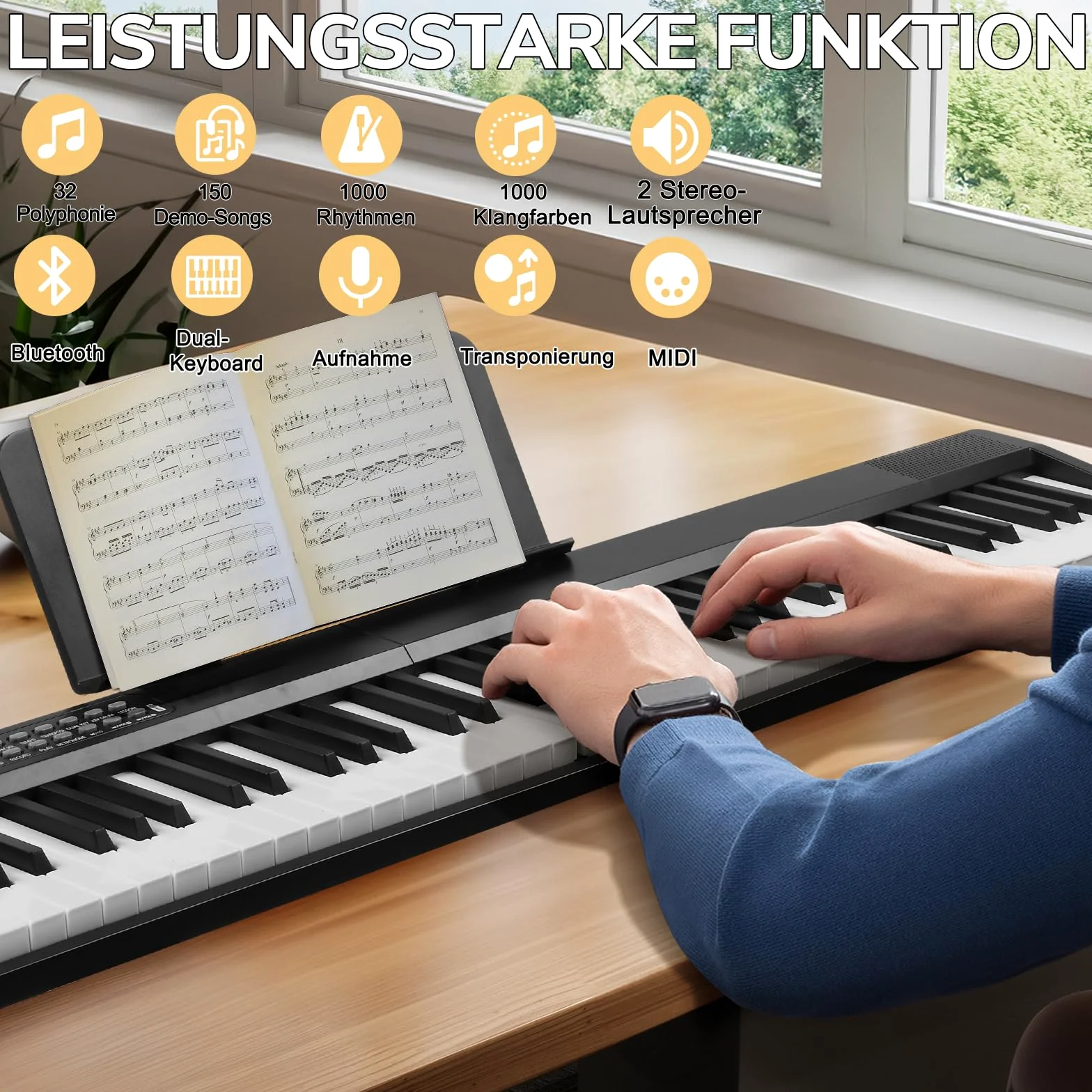 LEADZM Pianoforte digitale pieghevole a 88 tasti, pianoforte semi-ponderato con doppio tubo a forma di X, tastiera con doppia modalità Bluetooth, 1000 ritmi, 1000 toni e 50 demo (nero)