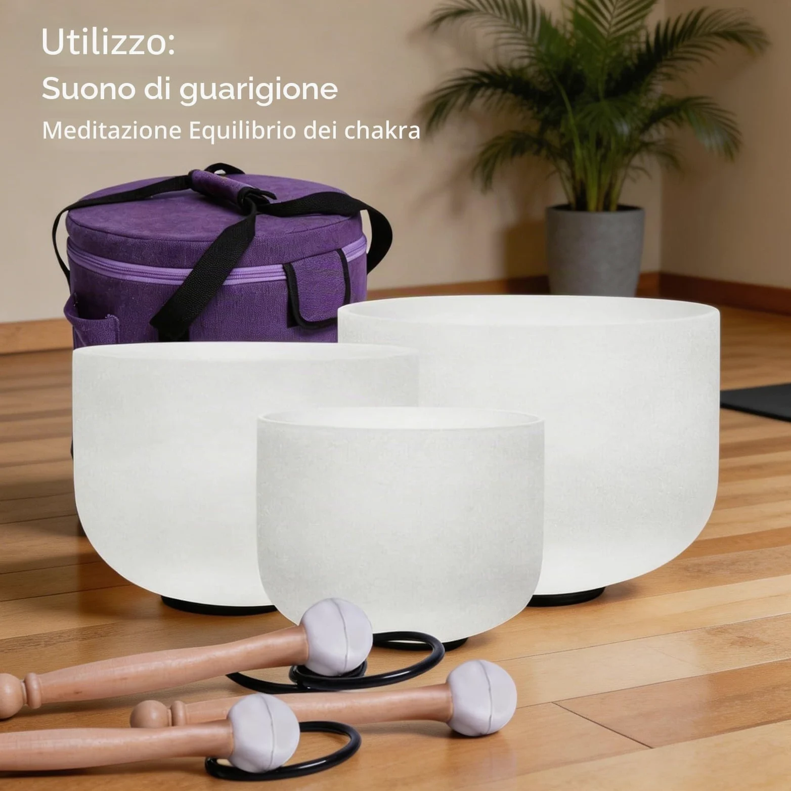 Energysoun - Set di 3 campane tibetane in cristallo di quarzo satinato, 432 Hz, 28 cm, F, 17,8 cm, B, con custodia in tela