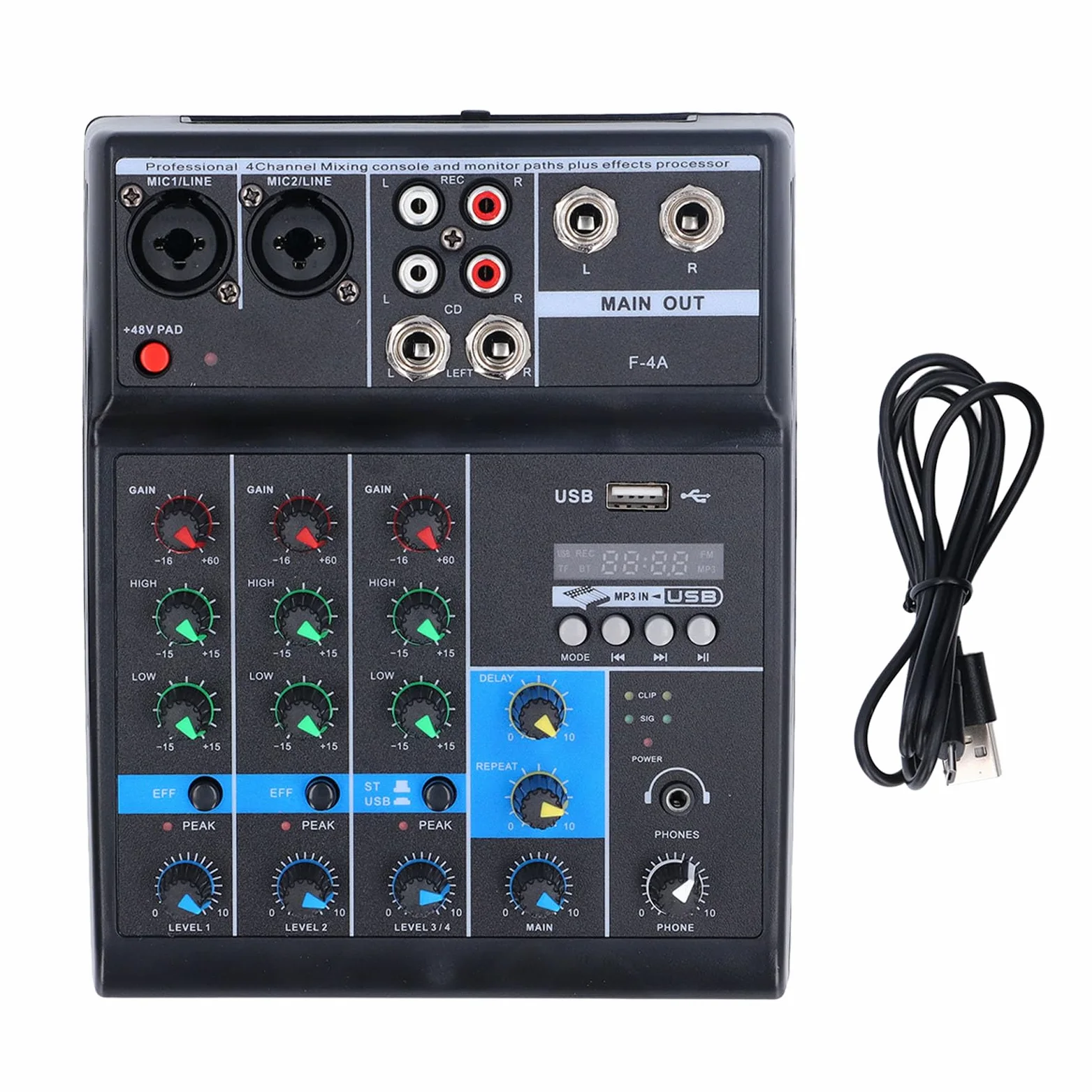 Mixer Audio a 4 Canali Mixer Audio Professionale USB BT per Feste DJ Registrazione in Studio Materiale ABS per Registrazione di Musica su Computer Streaming Live Attrezzatura da