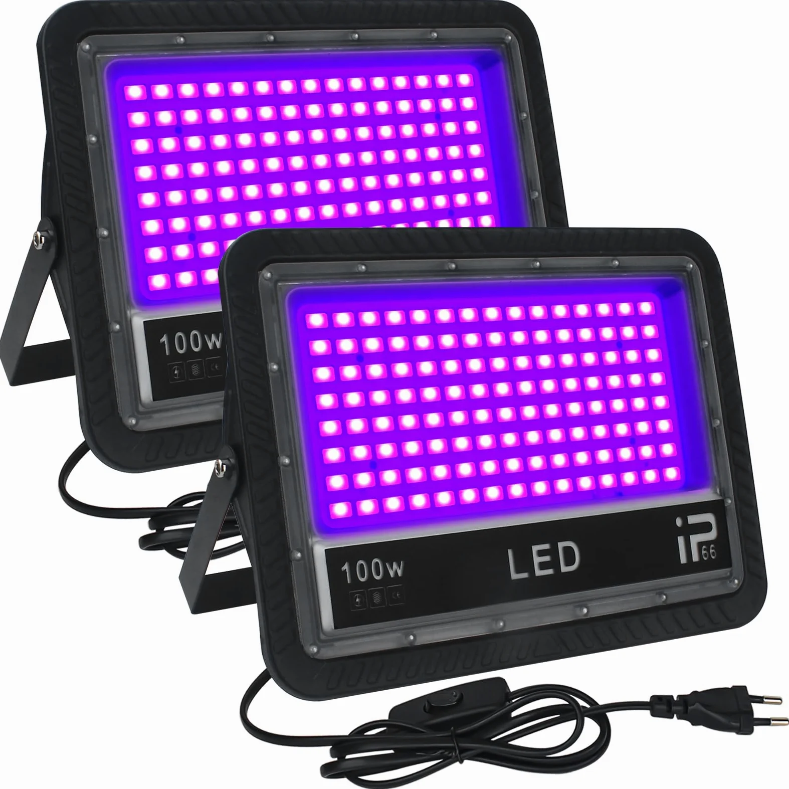 CREATESTAR Luce Nera UV 100W, Faretto Con Spina, 395-405nm LED Impermeabile IP66 Ultravioletta per Festa, Bar, Fluorescente, Halloween, Acquario (2 Pezzi)