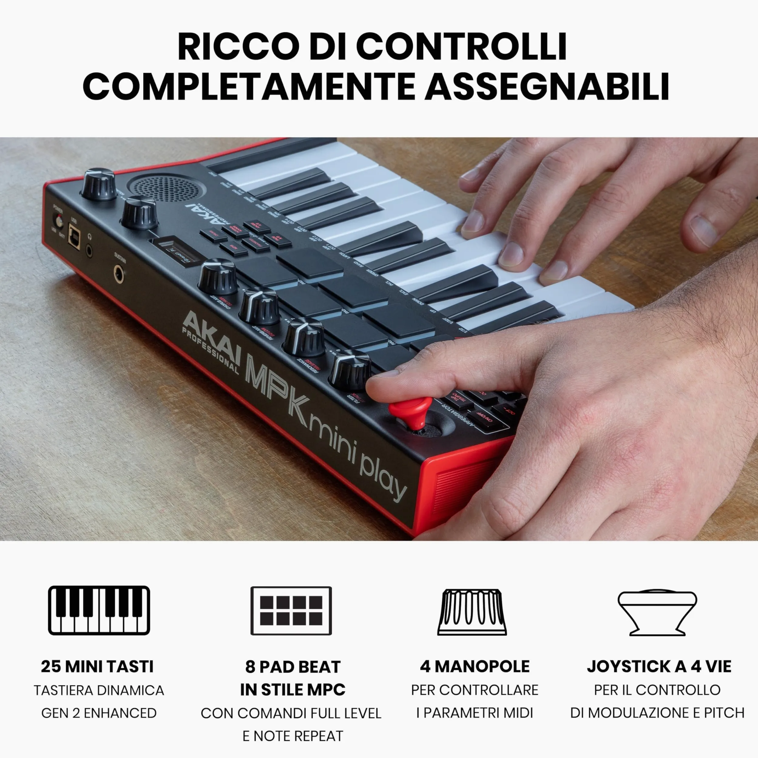 Akai Professional MPK Mini Play MK3 - Tastiera MIDI Controller USB con Casse e Suoni Interni, Tastiera Dinamica, Pad MPC, Suite Software e Native Instruments Sound Package